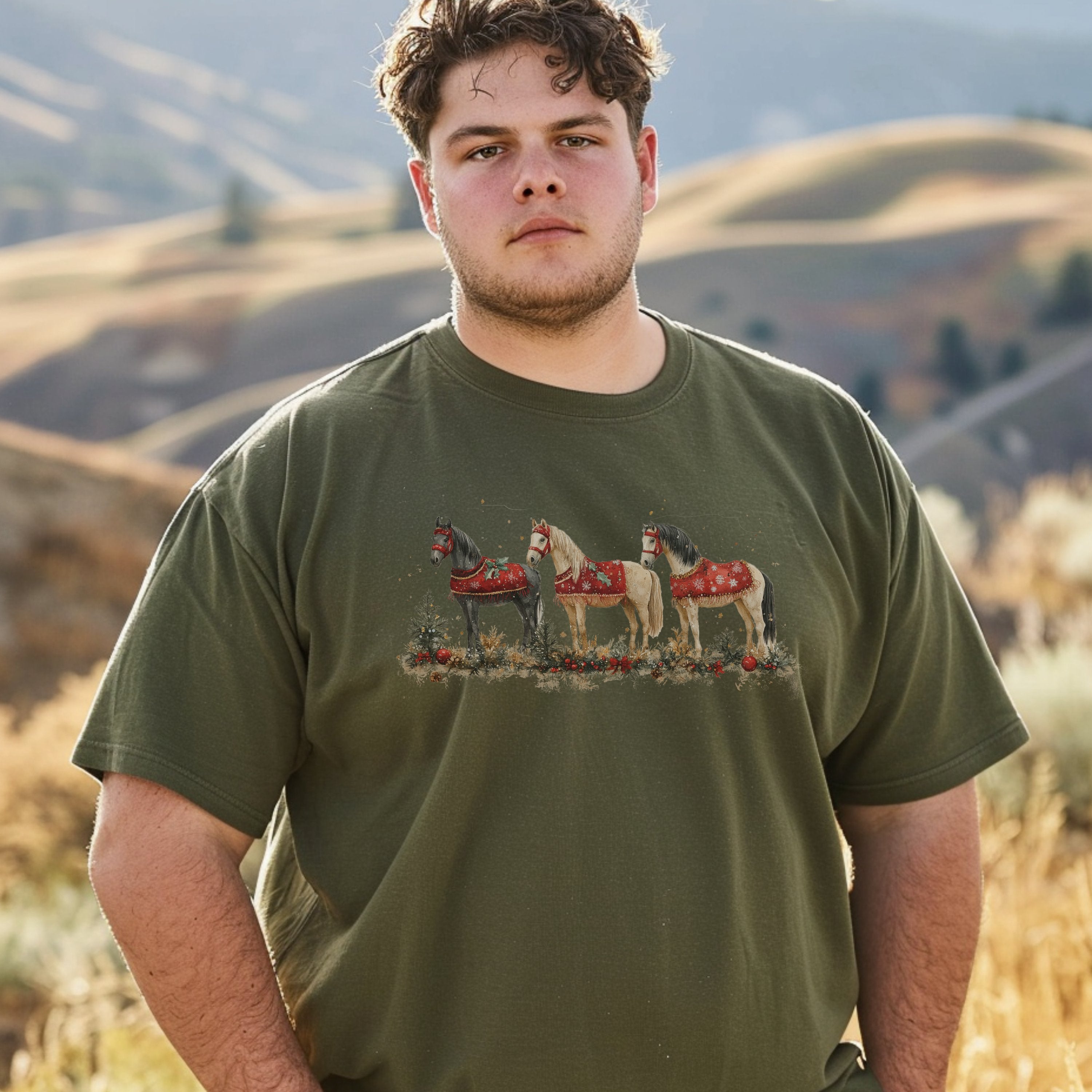 Three Horse Farm Animal Western Shirt, Comfort Colors Farming Christmas Tshirt Horse Lover Tee, Gift For Farmers - T-Shirt - Chromatic Safari - Moss - S