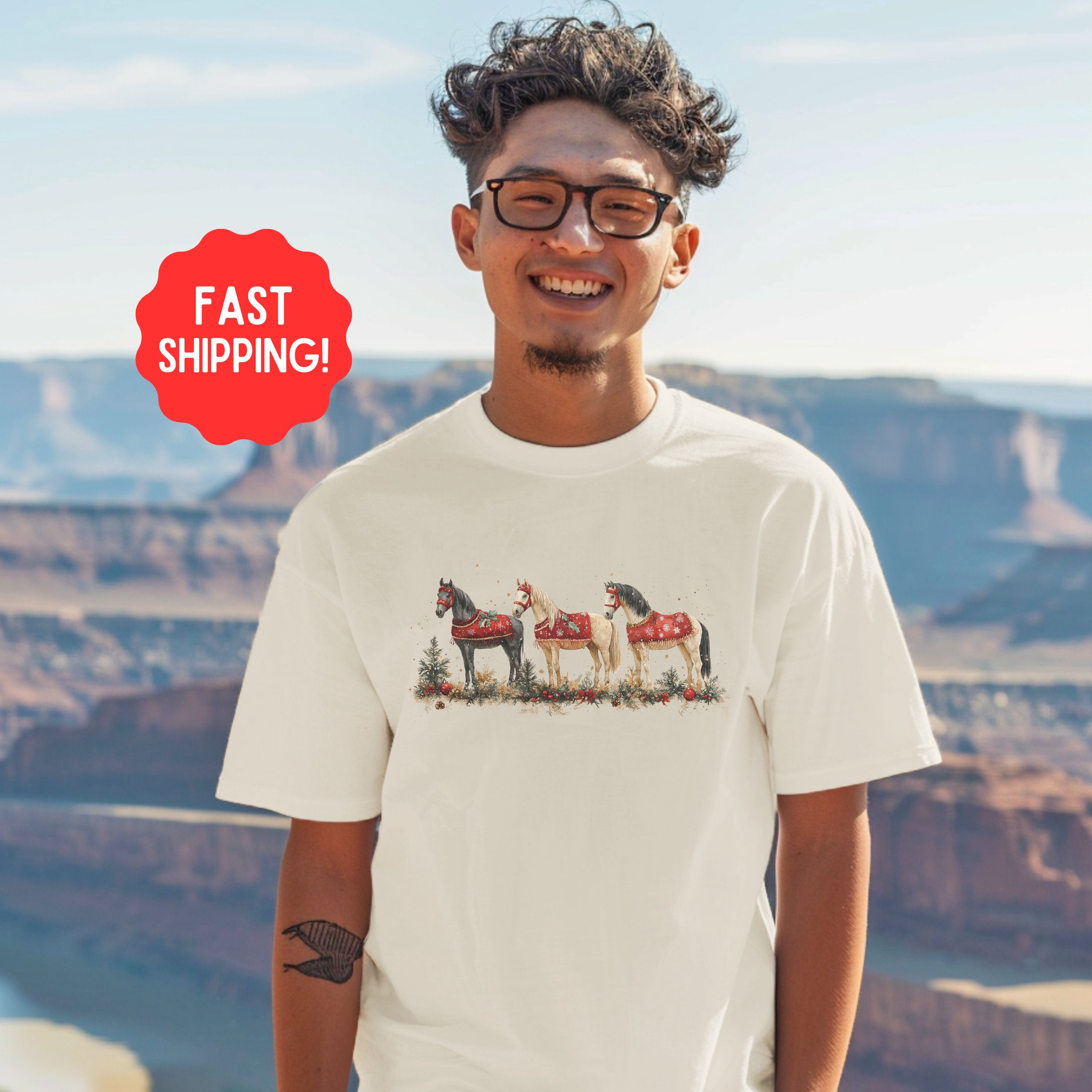 Three Horse Farm Animal Western Shirt, Comfort Colors Farming Christmas Tshirt Horse Lover Tee, Gift For Farmers - T-Shirt - Chromatic Safari - Ivory - S