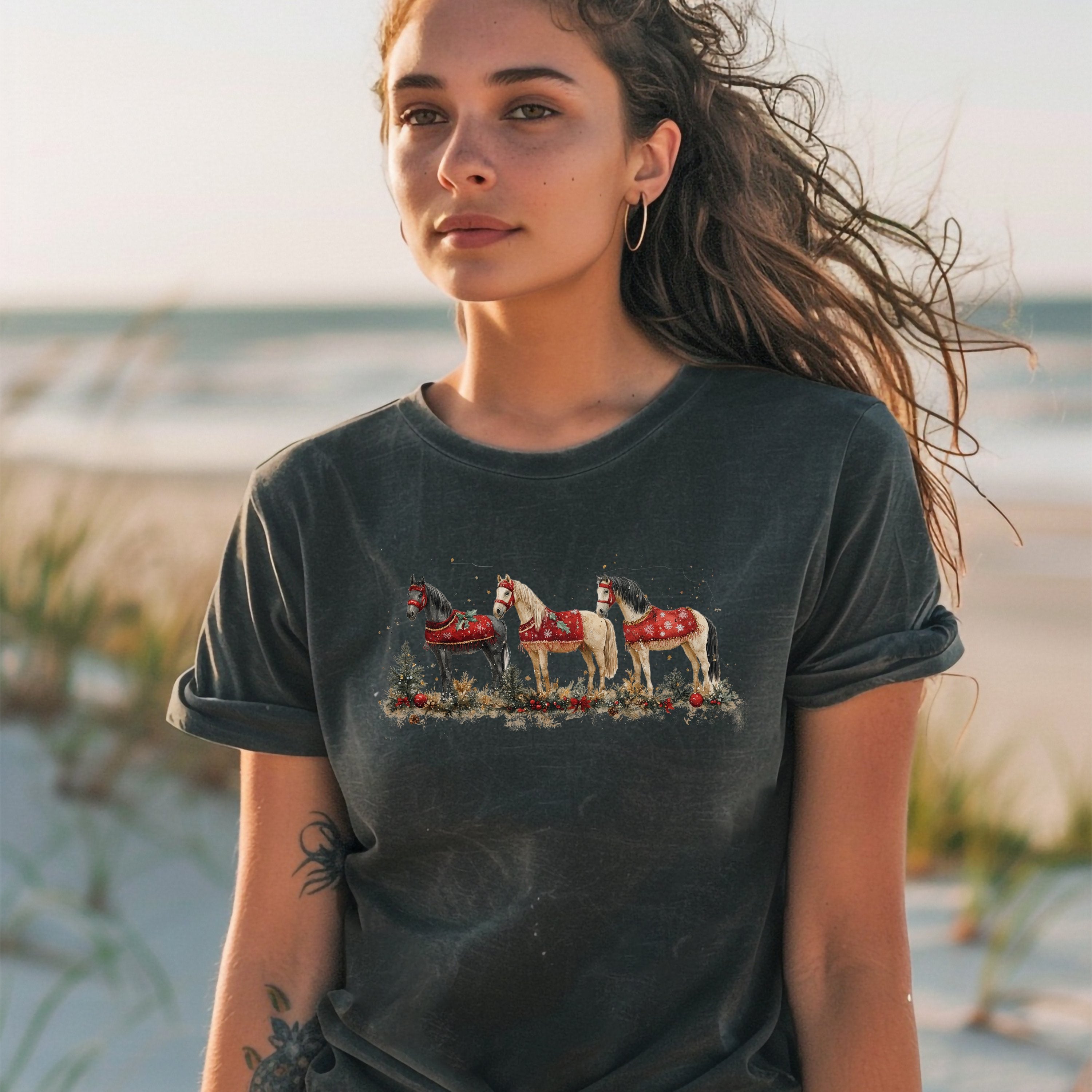 Three Horse Farm Animal Western Shirt, Comfort Colors Farming Christmas Tshirt Horse Lover Tee, Gift For Farmers - T-Shirt - Chromatic Safari - Pepper - S