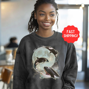 Three Orca Whale One Moon Vintage Graphic Sweatshirt, Retro Bootleg Rap Tee Pullover, Gift For Music Lover - Sweatshirt - Chromatic Safari - Pepper - S