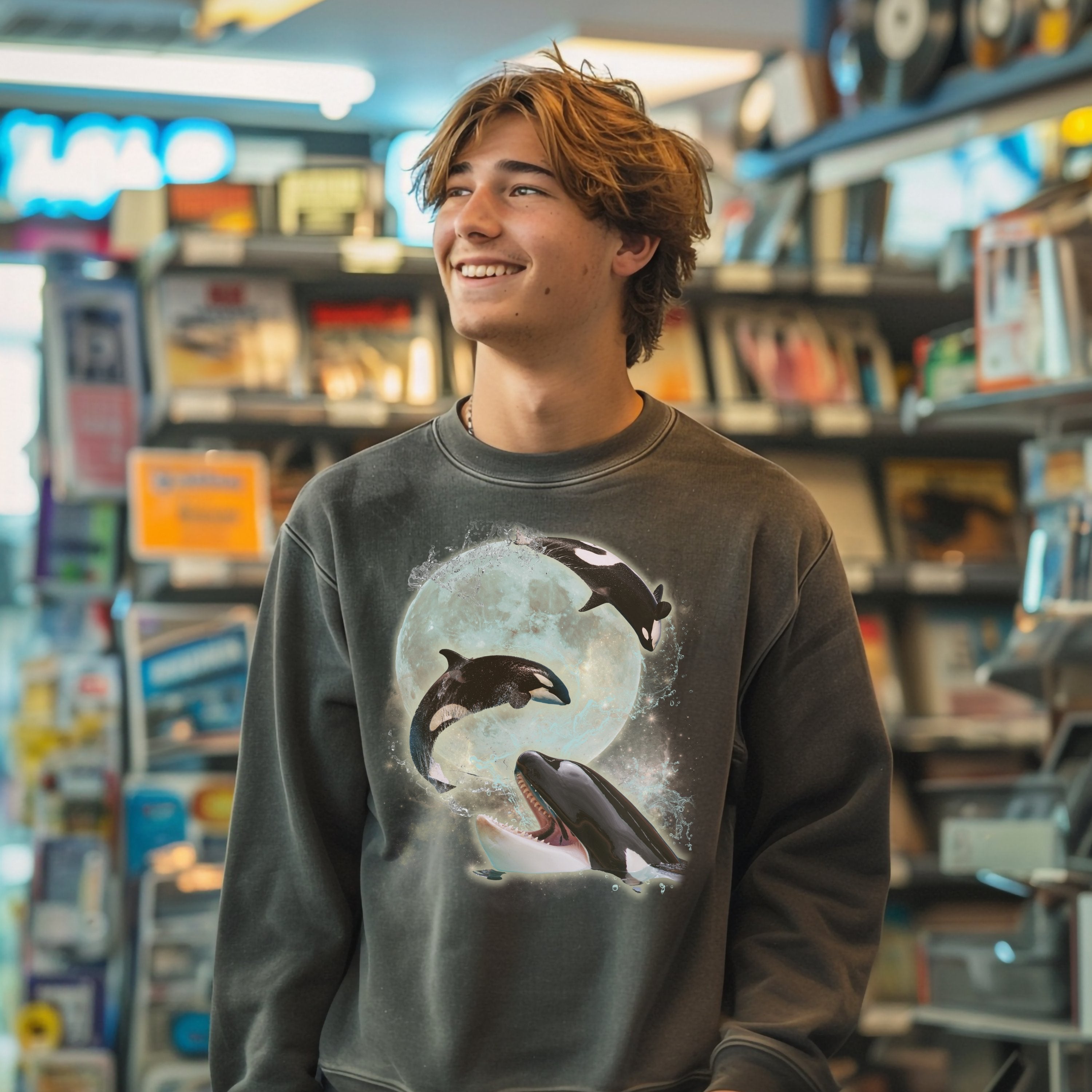 Three Orca Whale One Moon Vintage Graphic Sweatshirt, Retro Bootleg Rap Tee Pullover, Gift For Music Lover - Sweatshirt - Chromatic Safari - Pepper - S