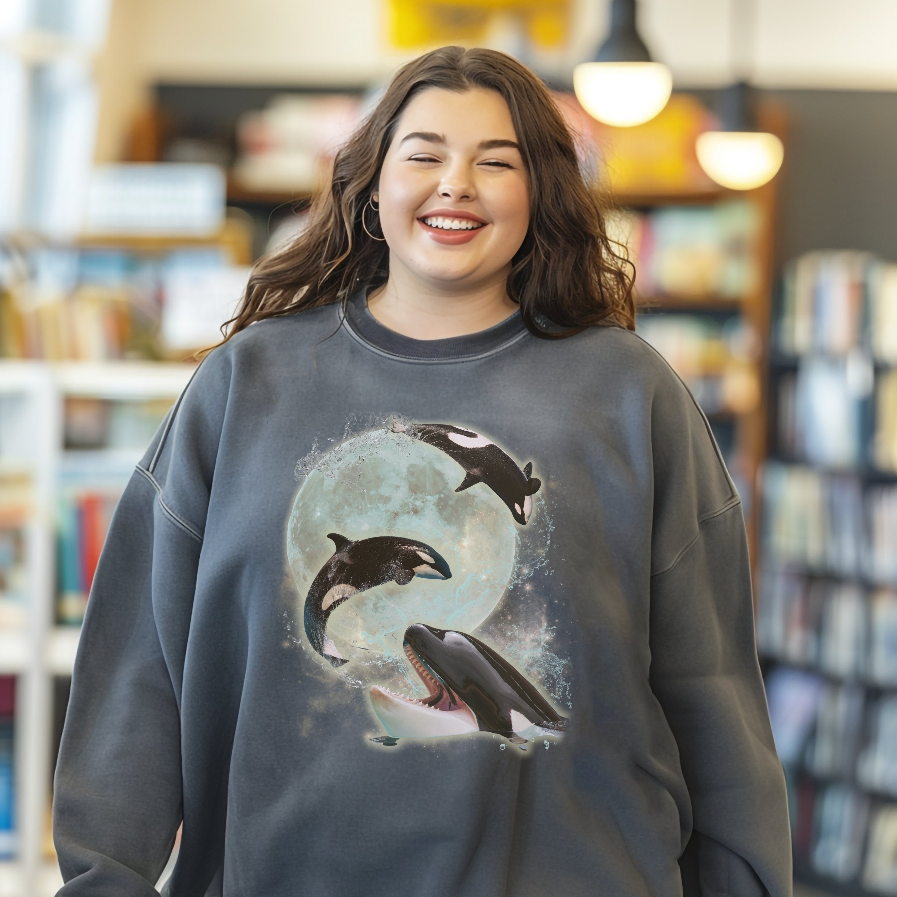 Three Orca Whale One Moon Vintage Graphic Sweatshirt, Retro Bootleg Rap Tee Pullover, Gift For Music Lover - Sweatshirt - Chromatic Safari - Pepper - S