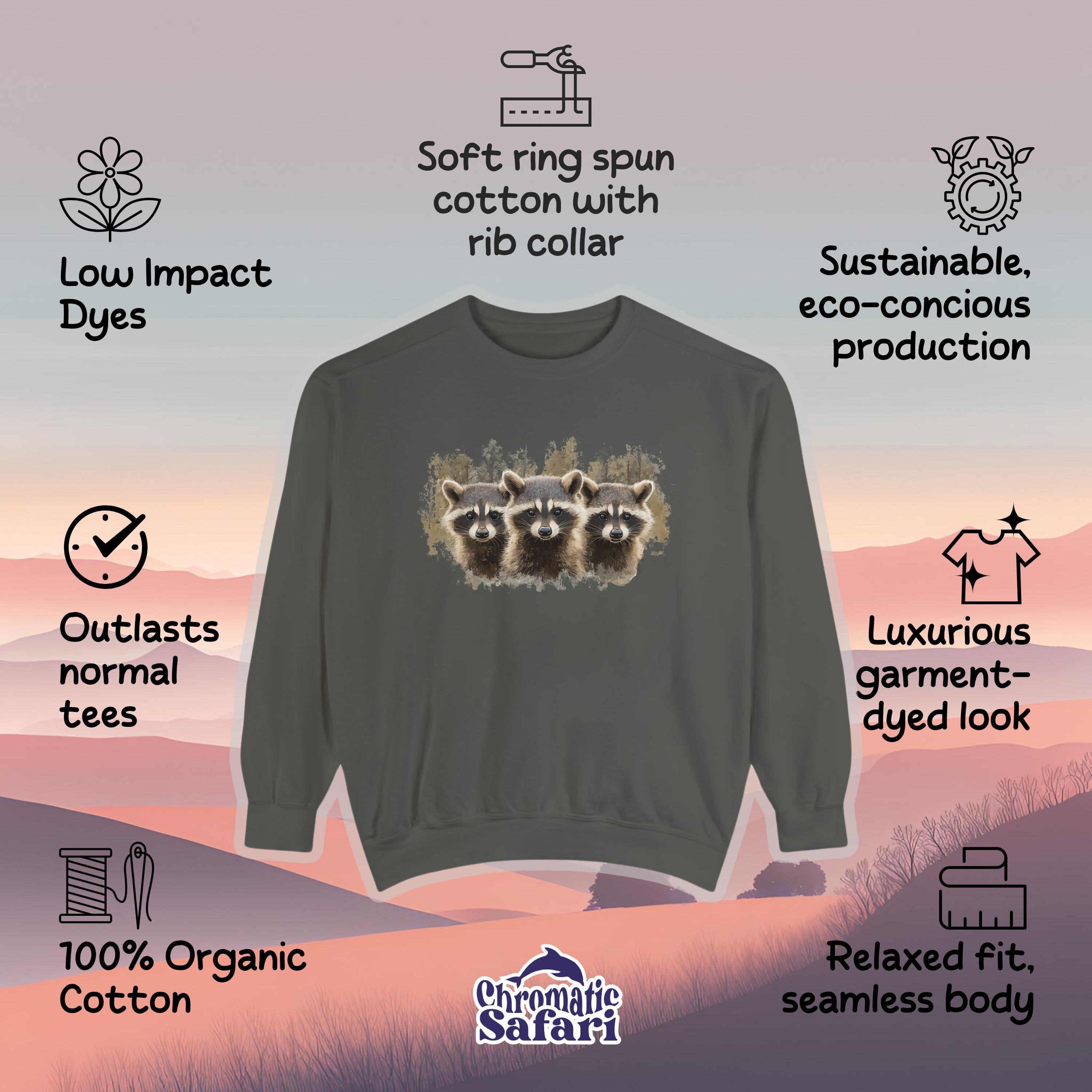 Three Raccon Cowboy Cowgirl Farm Sweatshirt, Comfort Colors Farming Pullover Tee, Gift For Raccoon Lovers - Sweatshirt - Chromatic Safari - Pepper - S