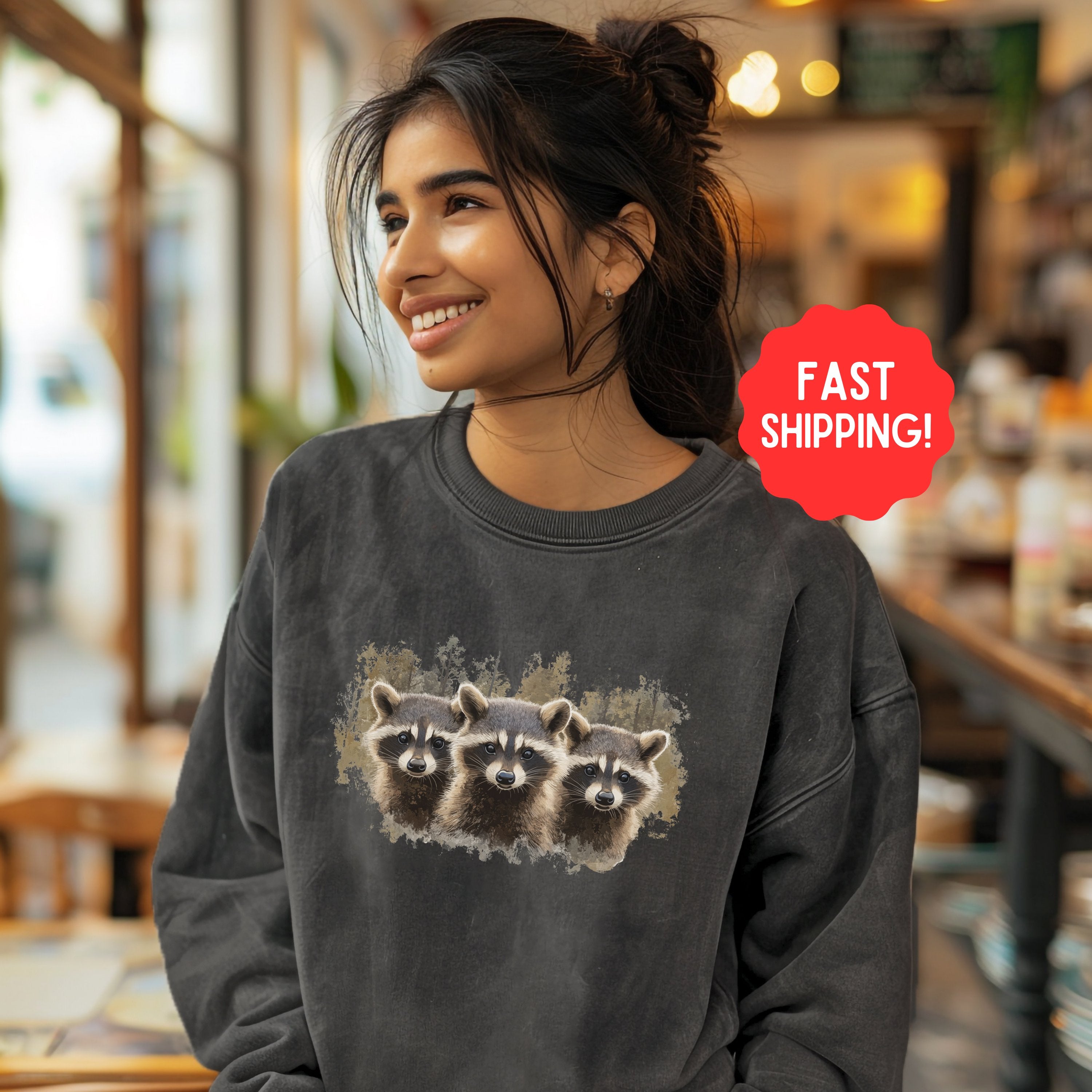 Three Raccon Cowboy Cowgirl Farm Sweatshirt, Comfort Colors Farming Pullover Tee, Gift For Raccoon Lovers - Sweatshirt - Chromatic Safari - Pepper - S