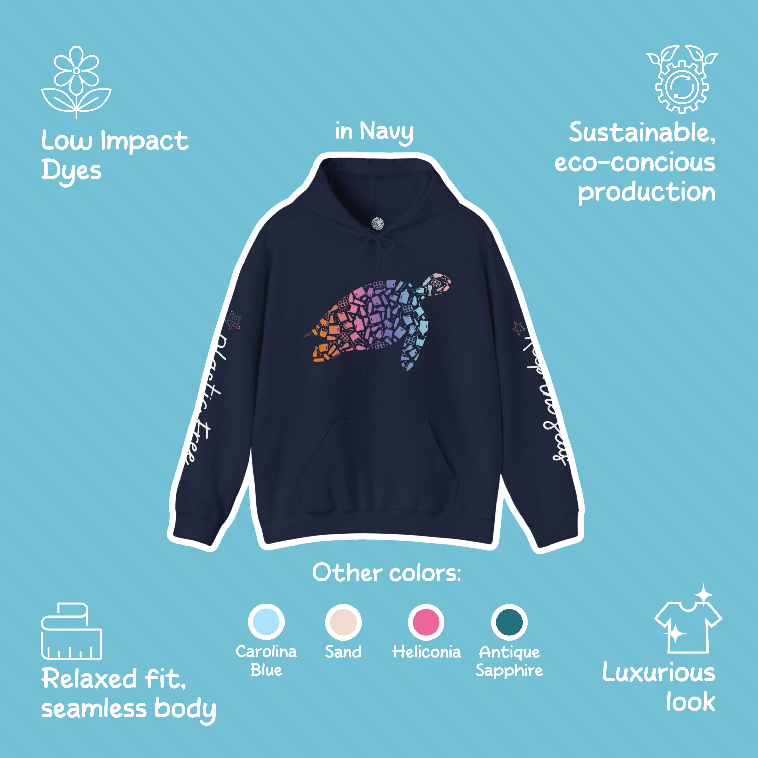 Turtle Design Hoodie: Eco-Friendly, Tortoise Sweatshirt for Surfers, Marine Life Enthusiasts, Perfect for Ocean Conservation Supporters - Chromatic Safari - Navy - S