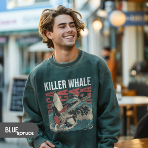 Vintage Band Orca Killer Whale Pullover, Marine Biology Fun Bootleg Sweatshirt, Gift for Music Lover - Sweatshirt - Chromatic Safari - Blue Spruce - S