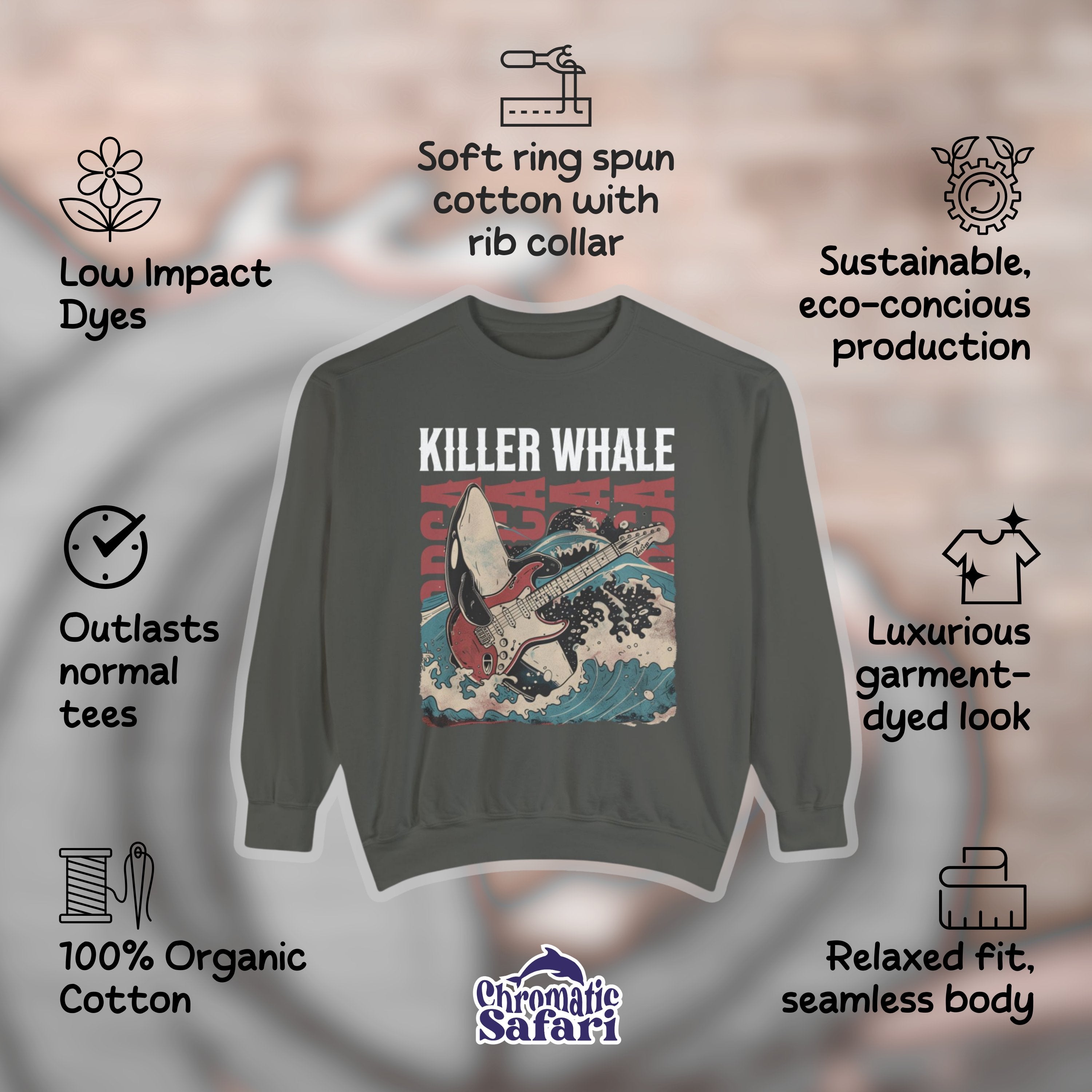 Vintage Band Orca Killer Whale Pullover, Marine Biology Fun Bootleg Sweatshirt, Gift for Music Lover - Sweatshirt - Chromatic Safari - True Navy - S