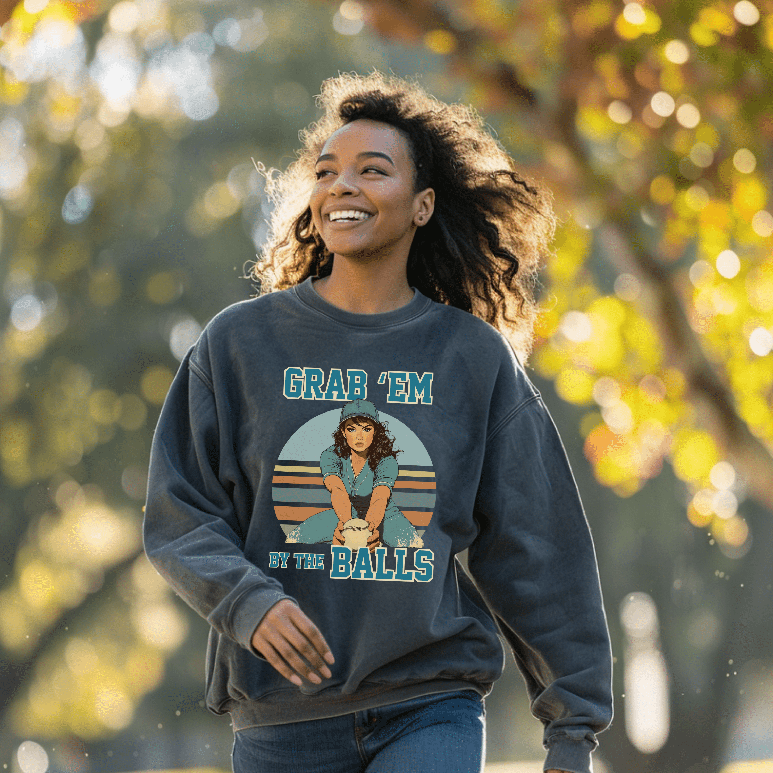 Vintage Feminism Sweatshirt, Grab Em Baseball Gift Tee, Pin Up Retro Pullover, Gift For Feminist - Sweatshirt - Chromatic Safari - Charcoal - S