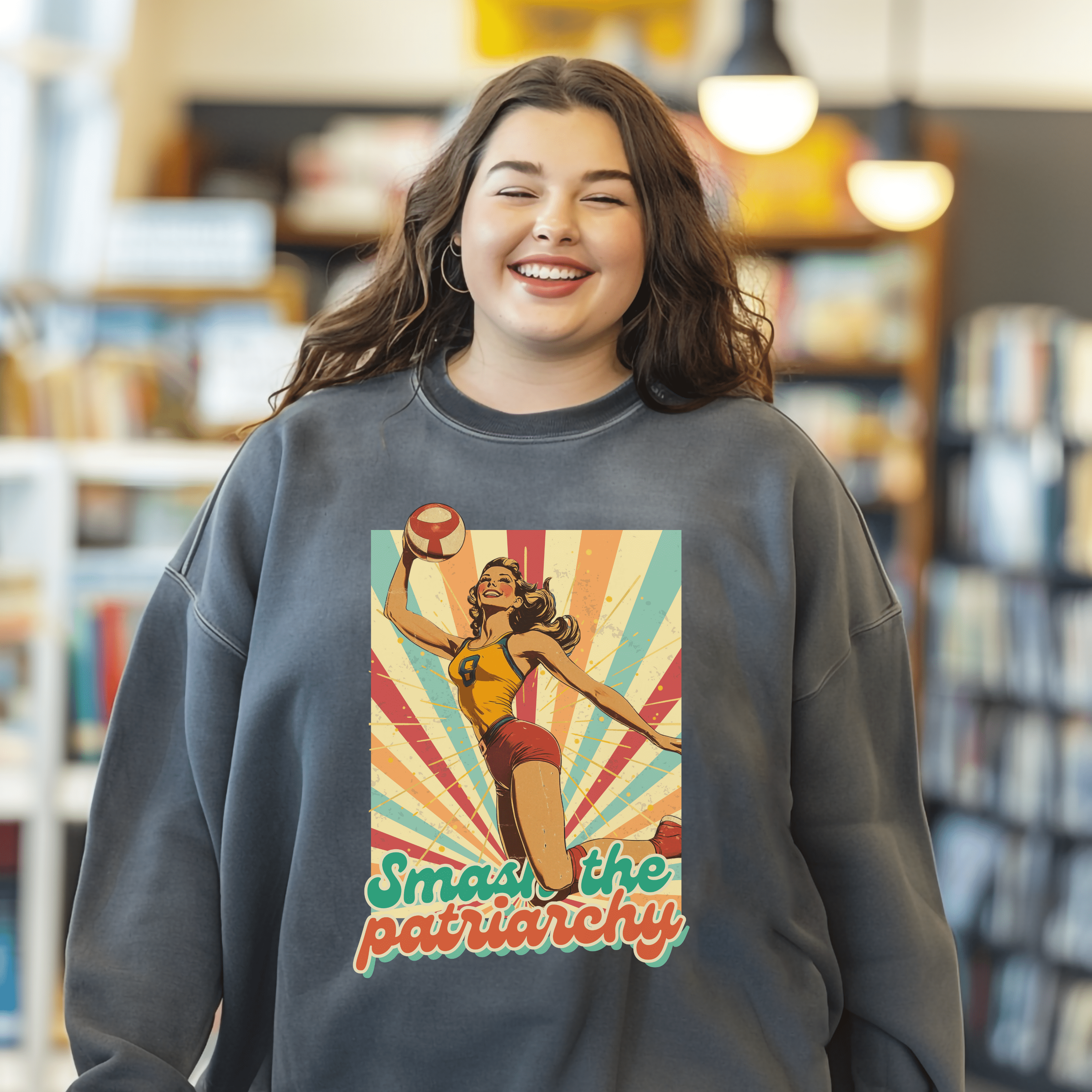 Vintage Feminism Sweatshirt, Smash The Patriarchy Tee, Retro Vollyeball Pin Up Pullover Tee, Gift For Feminsit - Sweatshirt - Chromatic Safari - Charcoal - S