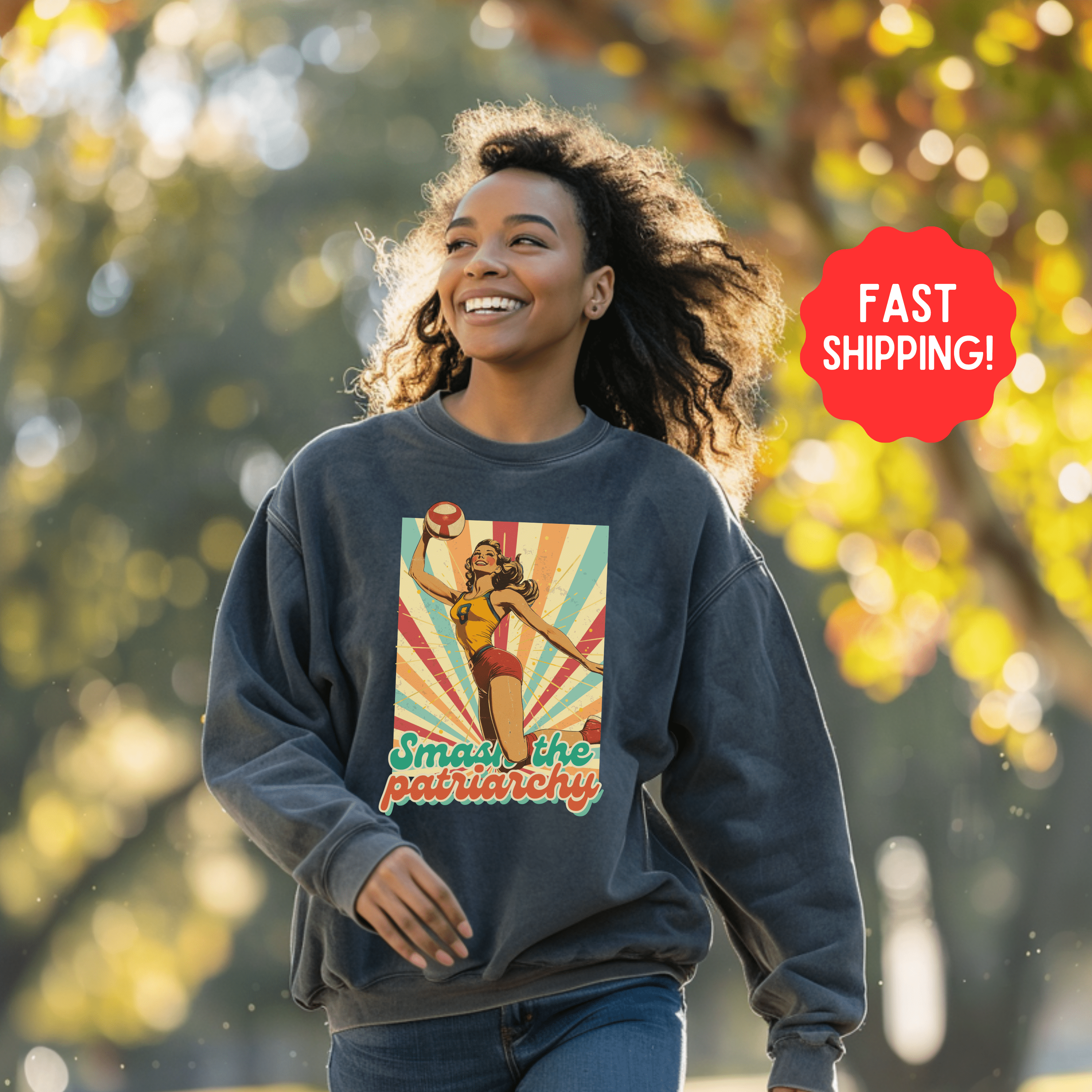 Vintage Feminism Sweatshirt, Smash The Patriarchy Tee, Retro Vollyeball Pin Up Pullover Tee, Gift For Feminsit - Sweatshirt - Chromatic Safari - Charcoal - S