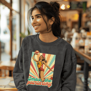Vintage Feminism Sweatshirt, Smash The Patriarchy Tee, Retro Vollyeball Pin Up Pullover Tee, Gift For Feminsit - Sweatshirt - Chromatic Safari - Charcoal - S