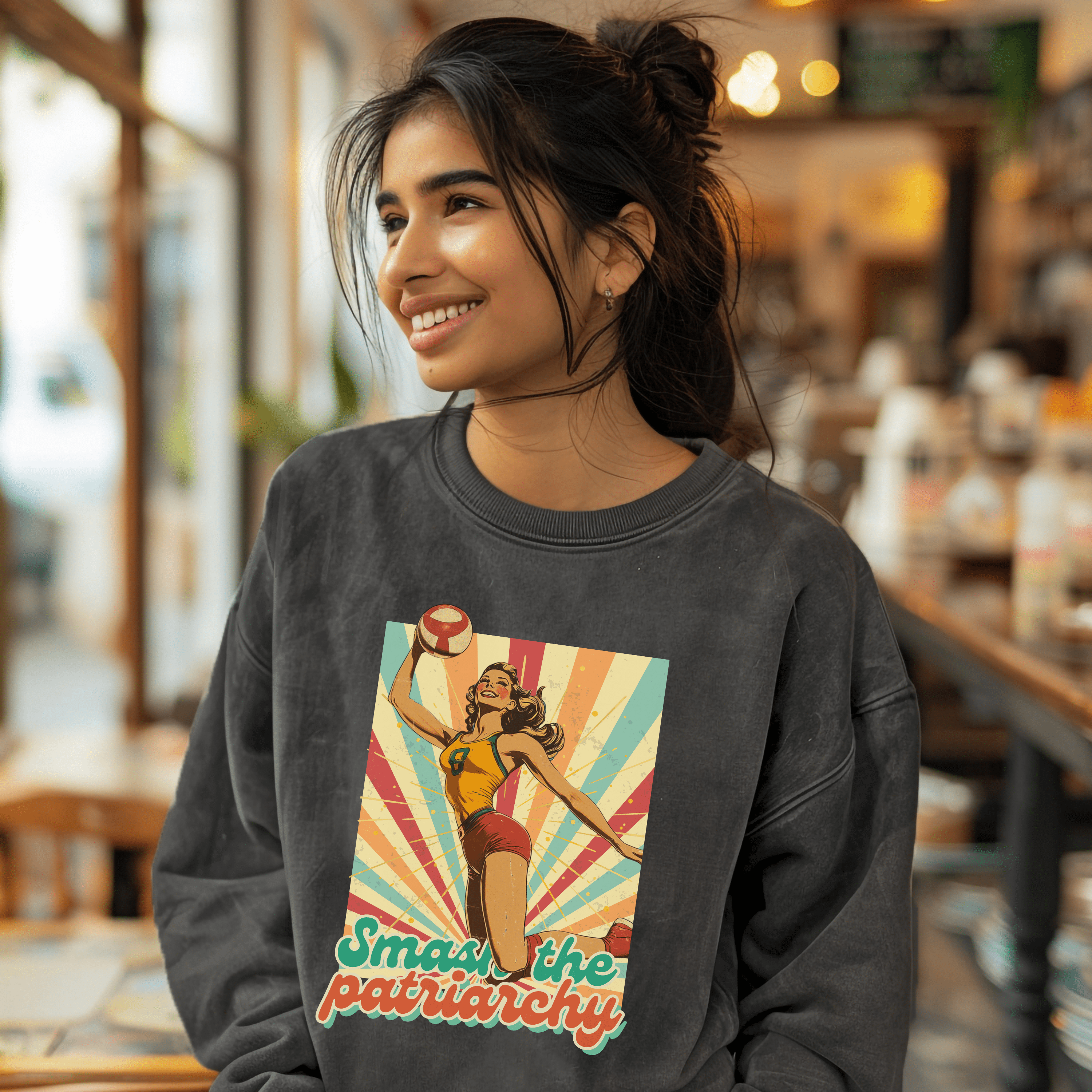 Vintage Feminism Sweatshirt, Smash The Patriarchy Tee, Retro Vollyeball Pin Up Pullover Tee, Gift For Feminsit - Sweatshirt - Chromatic Safari - Charcoal - S