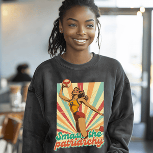 Vintage Feminism Sweatshirt, Smash The Patriarchy Tee, Retro Vollyeball Pin Up Pullover Tee, Gift For Feminsit - Sweatshirt - Chromatic Safari - Charcoal - S
