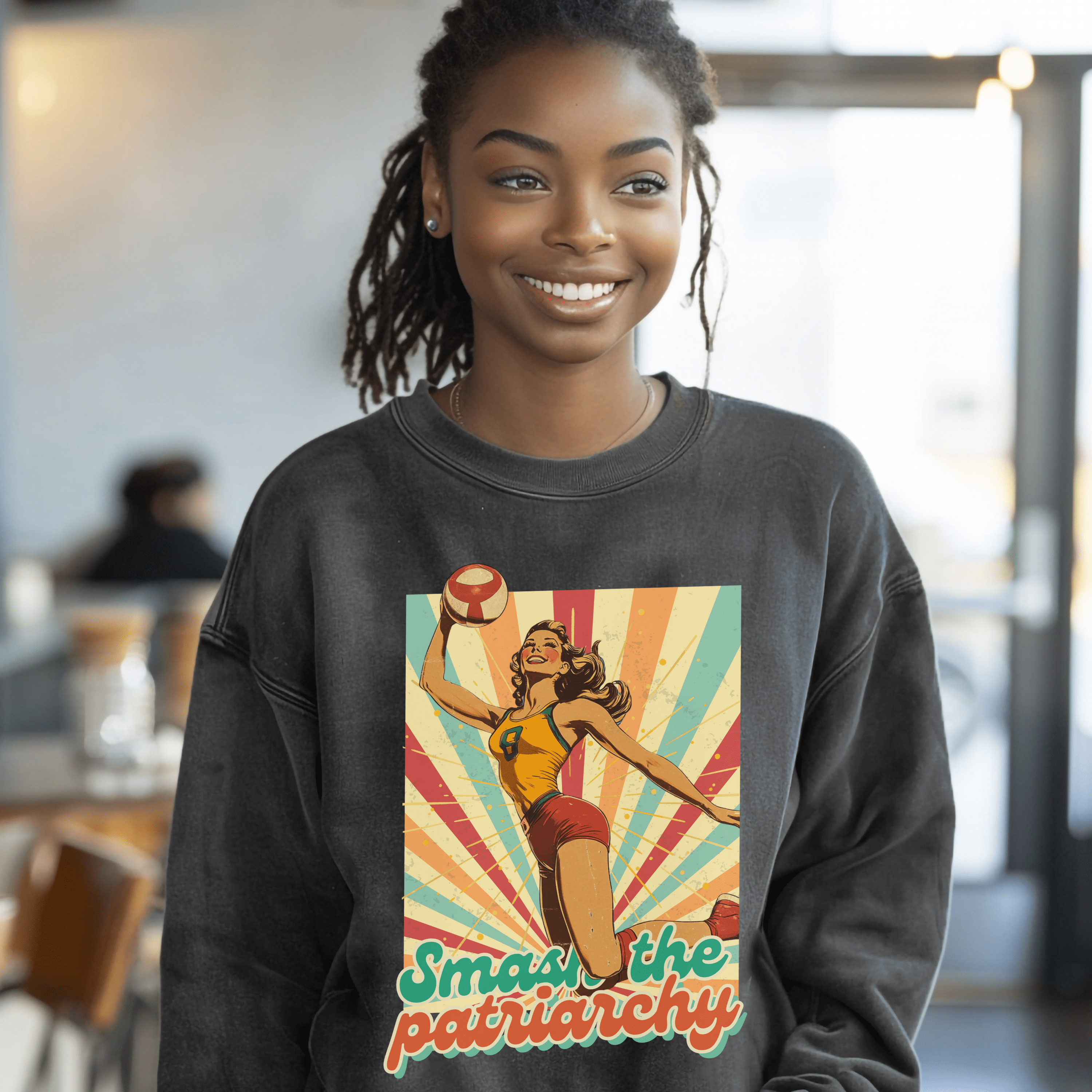 Vintage Feminism Sweatshirt, Smash The Patriarchy Tee, Retro Vollyeball Pin Up Pullover Tee, Gift For Feminsit - Sweatshirt - Chromatic Safari - Charcoal - S
