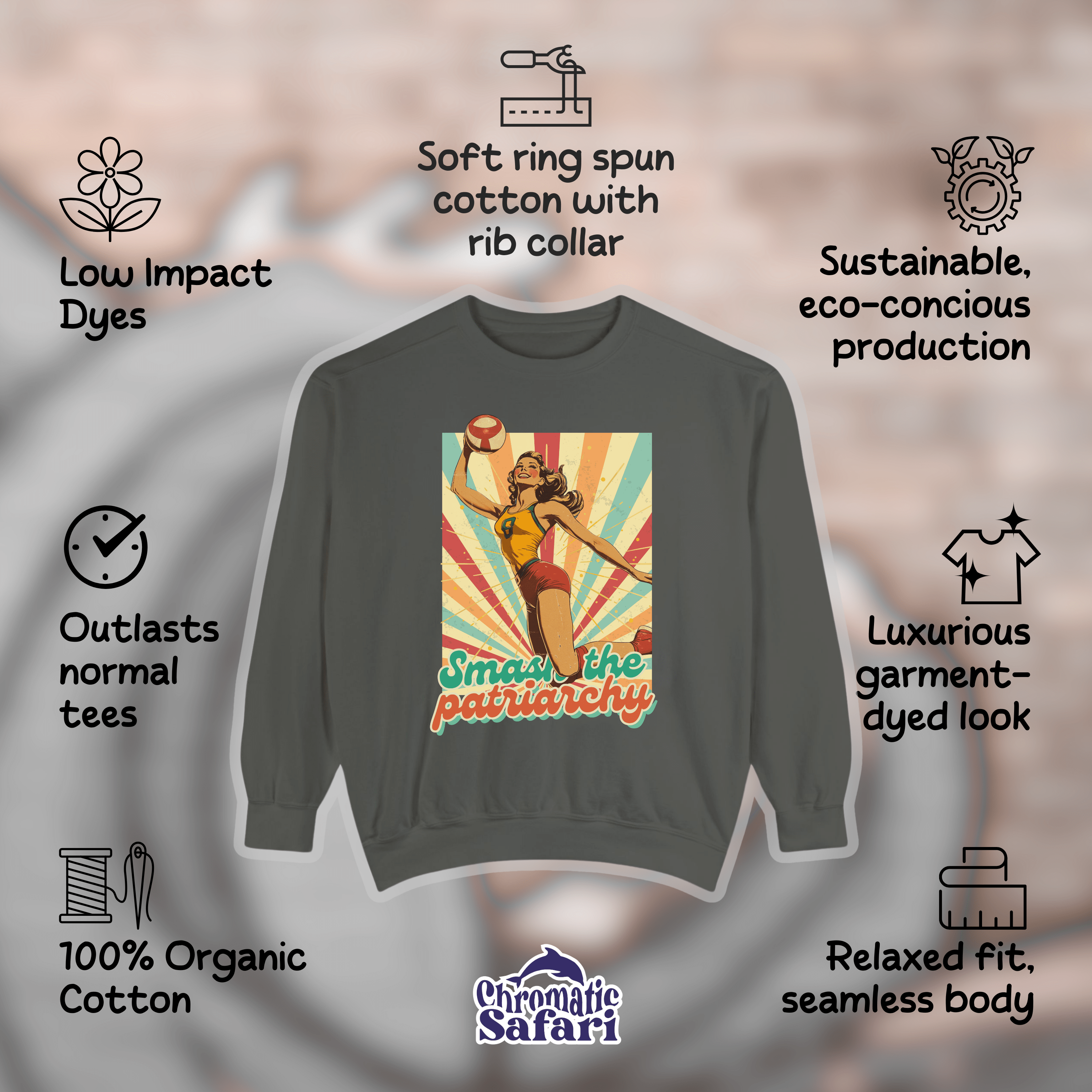 Vintage Feminism Sweatshirt, Smash The Patriarchy Tee, Retro Vollyeball Pin Up Pullover Tee, Gift For Feminsit - Sweatshirt - Chromatic Safari - Charcoal - S
