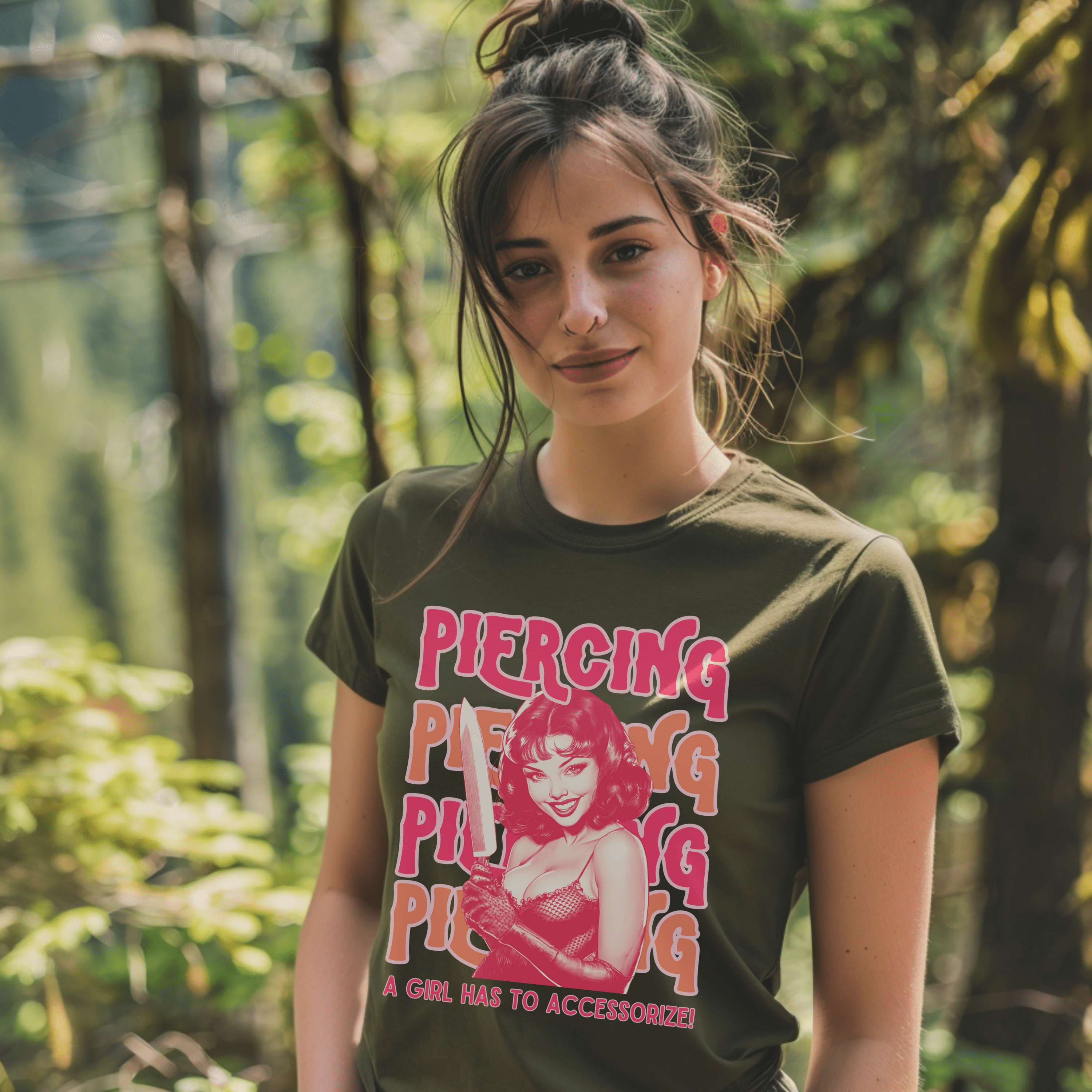 Vintage Feminist Shirt, Piercing Smash The Patriarchy Tee, Pin Up Feminism Tee, Gift For Her - T-Shirt - Chromatic Safari - Moss - S