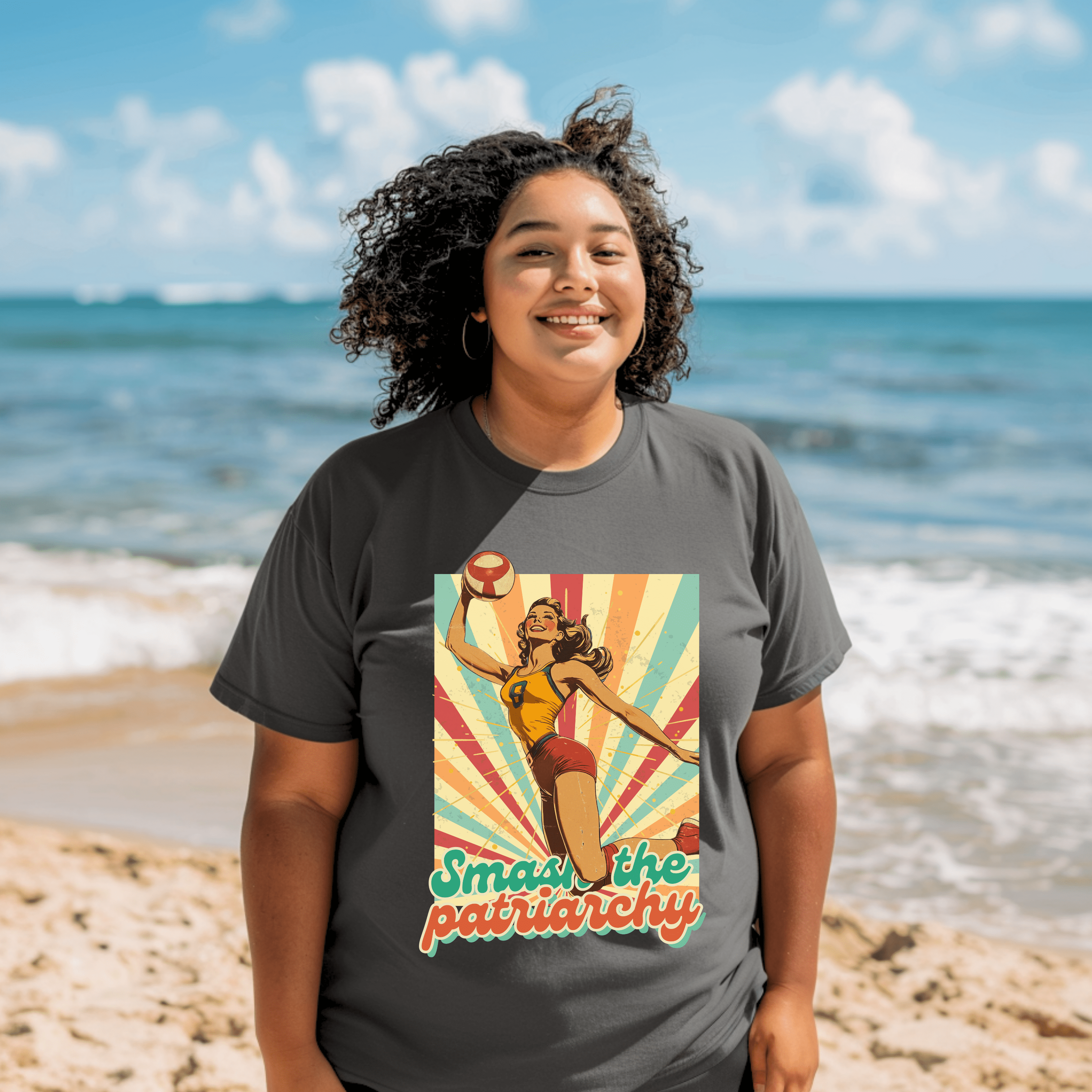 Vintage Feminist Shirt, Smash The Patriarchy Tee, Retro Vollyeball Pin Up Tee, Gift For Activist - T-Shirt - Chromatic Safari - Pepper - S