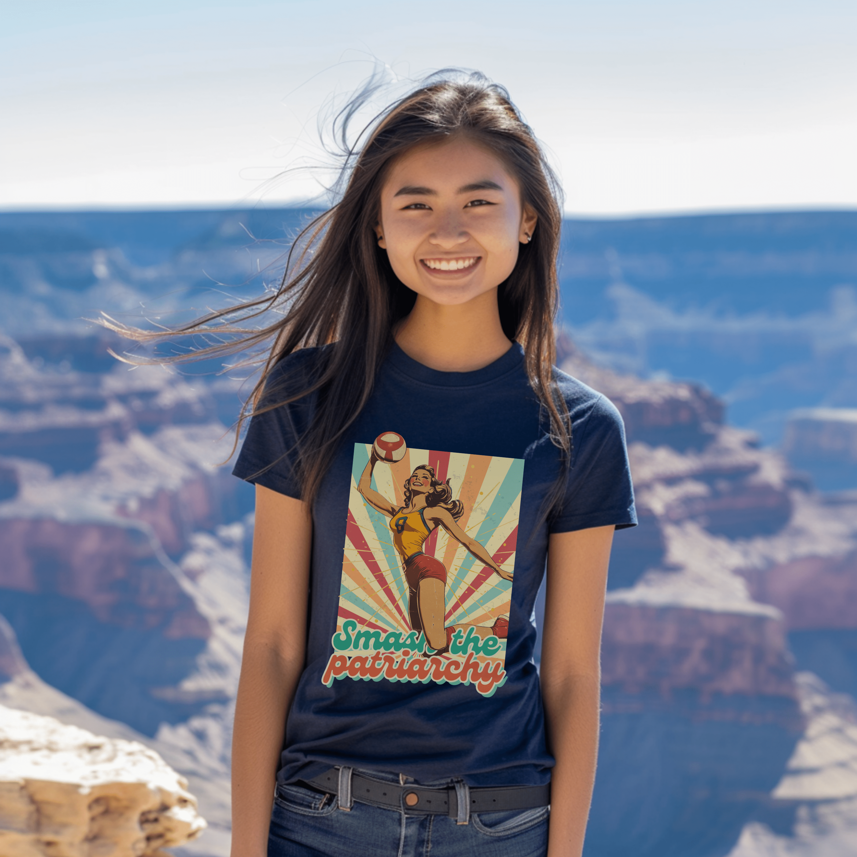 Vintage Feminist Shirt, Smash The Patriarchy Tee, Retro Vollyeball Pin Up Tee, Gift For Activist - T-Shirt - Chromatic Safari - True Navy - S