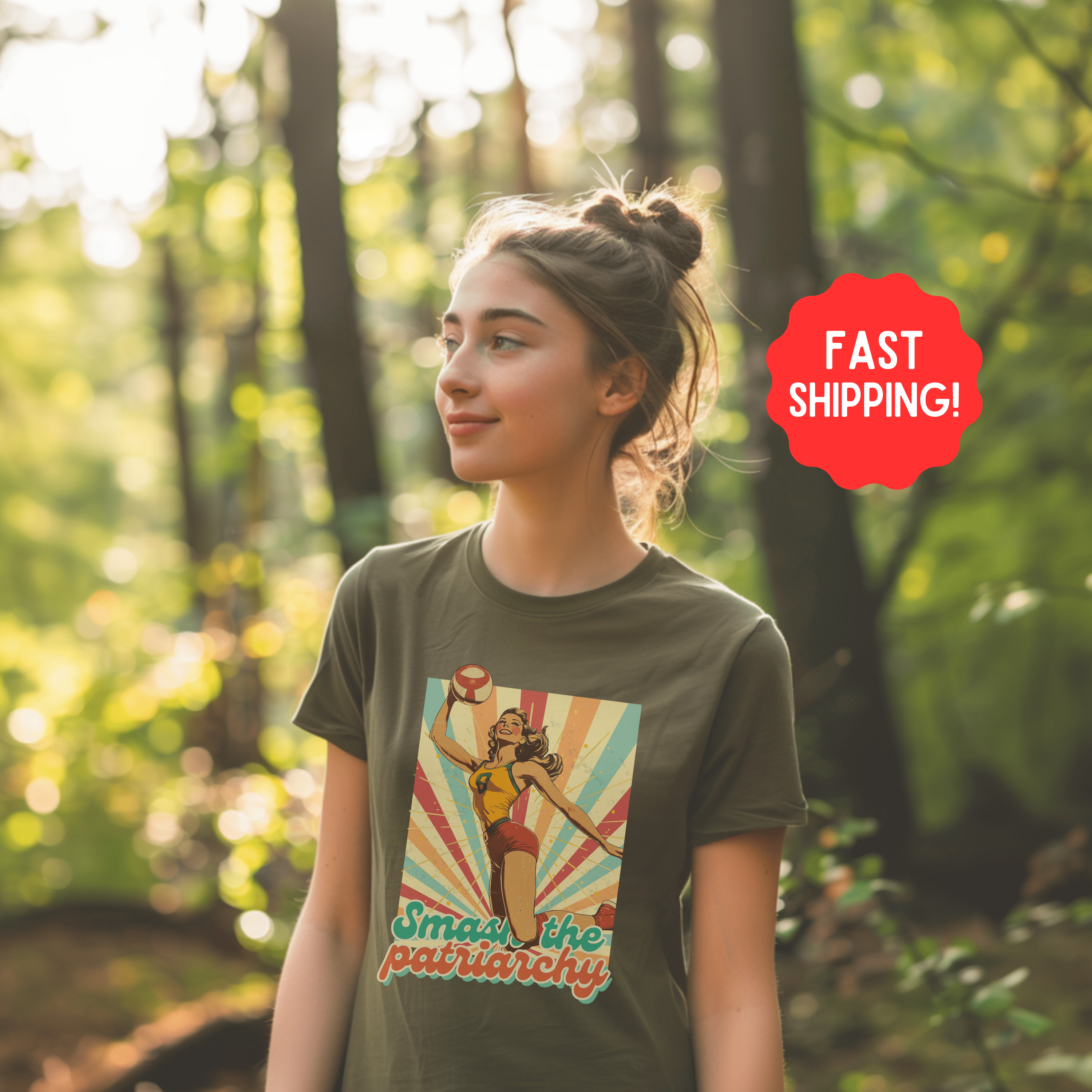 Vintage Feminist Shirt, Smash The Patriarchy Tee, Retro Vollyeball Pin Up Tee, Gift For Activist - T-Shirt - Chromatic Safari - Moss - S