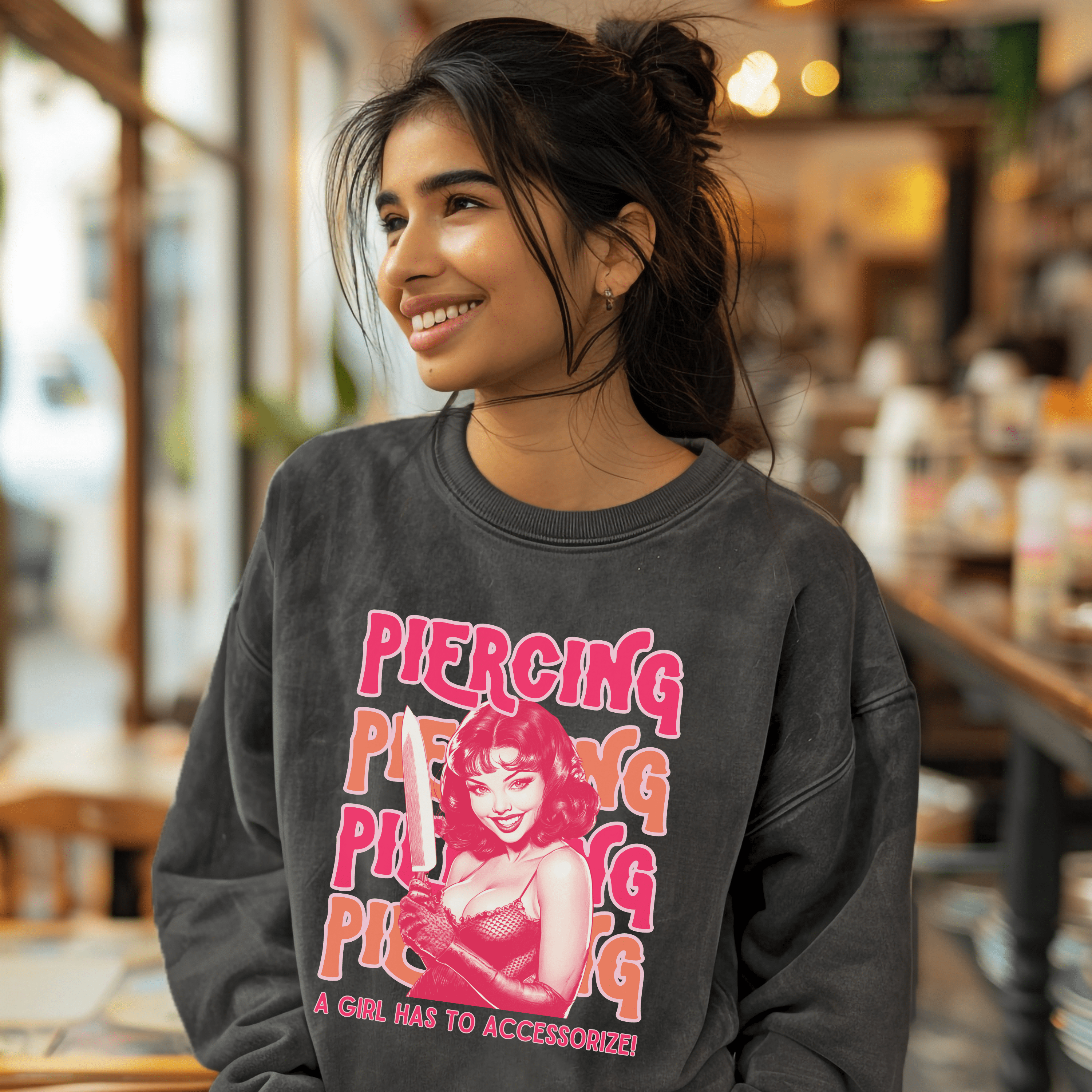 Vintage Feminist Sweatshirt, Piercing Smash The Patriarchy Pullover Tee, Pin Up Feminism Shirt, Gift For Her - Sweatshirt - Chromatic Safari - Charcoal - S