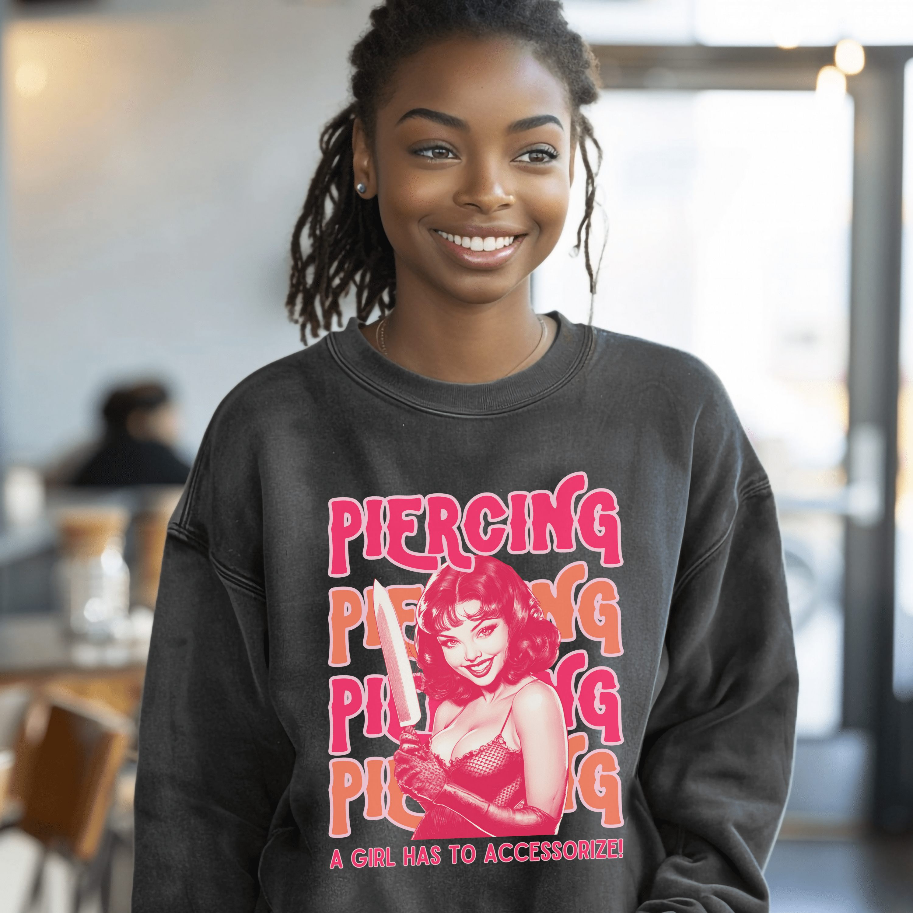 Vintage Feminist Sweatshirt, Piercing Smash The Patriarchy Pullover Tee, Pin Up Feminism Shirt, Gift For Her - Sweatshirt - Chromatic Safari - Charcoal - S