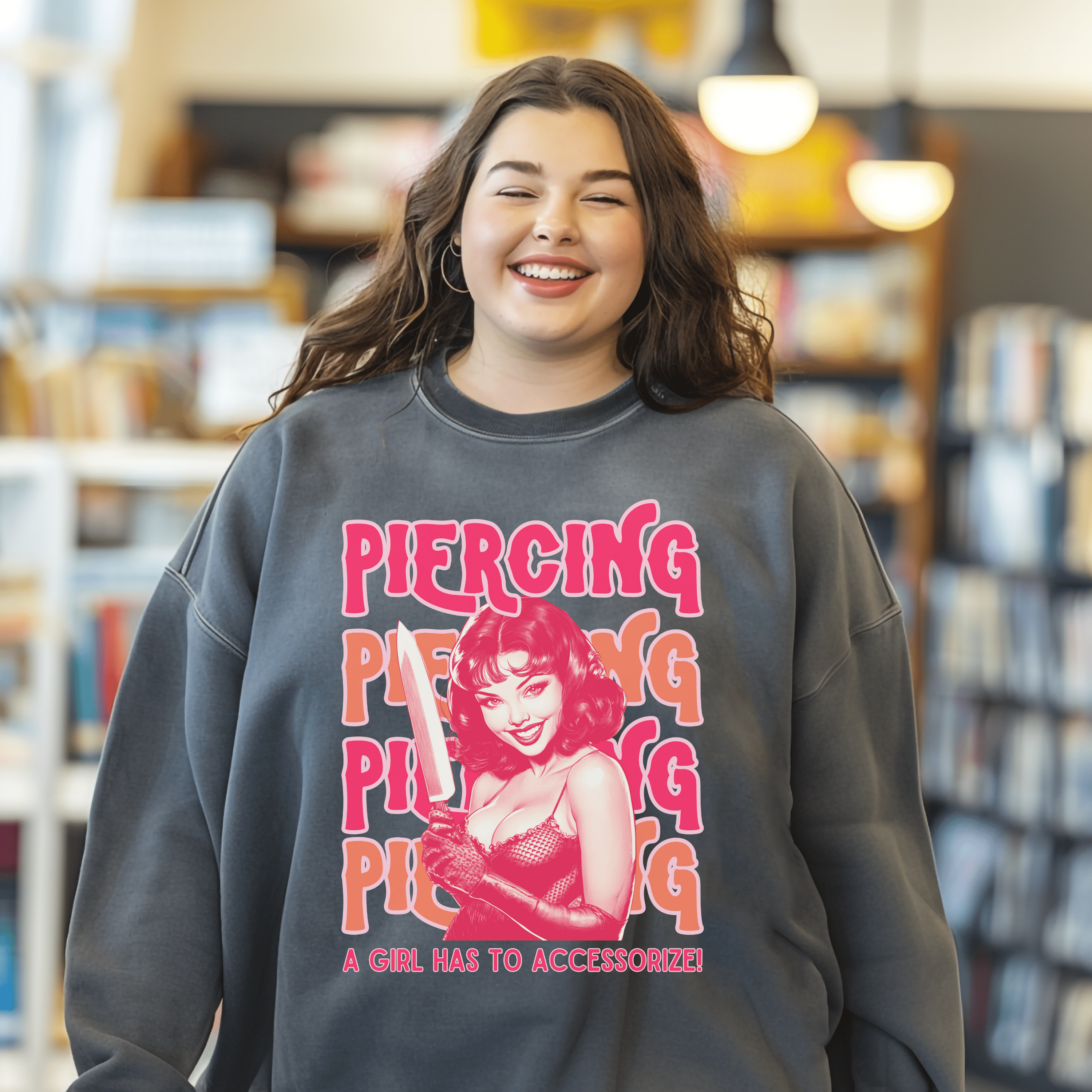 Vintage Feminist Sweatshirt, Piercing Smash The Patriarchy Pullover Tee, Pin Up Feminism Shirt, Gift For Her - Sweatshirt - Chromatic Safari - Charcoal - S