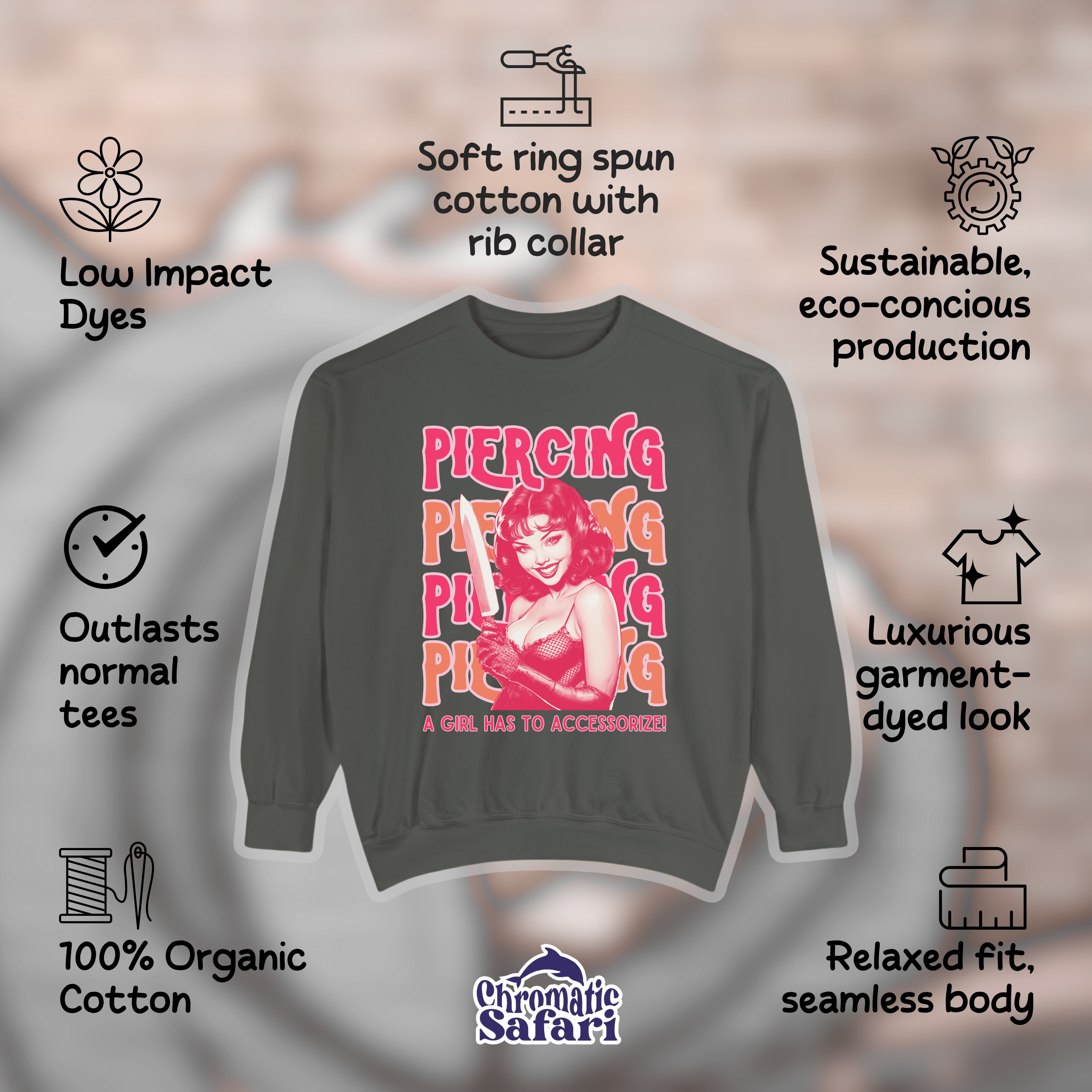 Vintage Feminist Sweatshirt, Piercing Smash The Patriarchy Pullover Tee, Pin Up Feminism Shirt, Gift For Her - Sweatshirt - Chromatic Safari - Charcoal - S