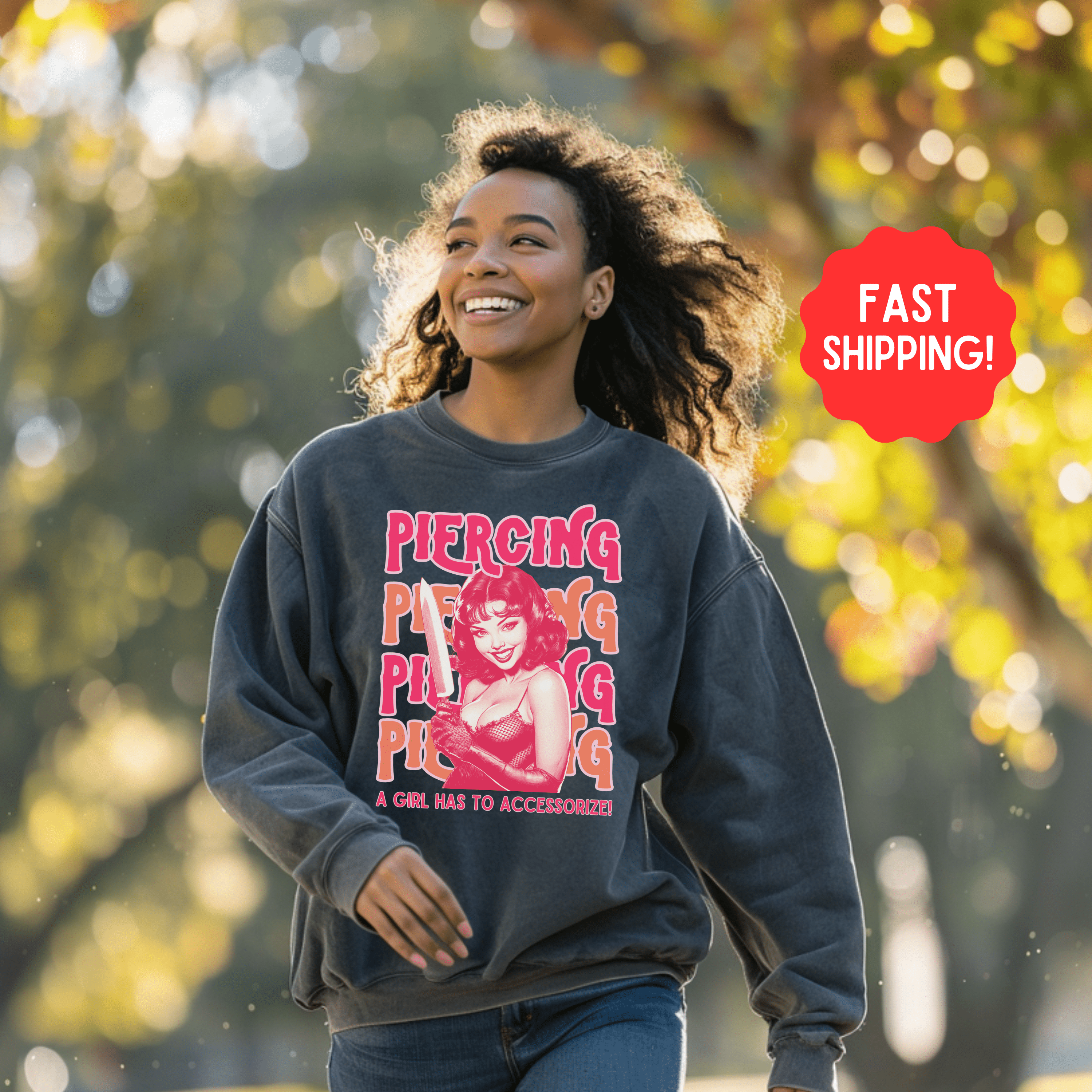 Vintage Feminist Sweatshirt, Piercing Smash The Patriarchy Pullover Tee, Pin Up Feminism Shirt, Gift For Her - Sweatshirt - Chromatic Safari - Charcoal - S