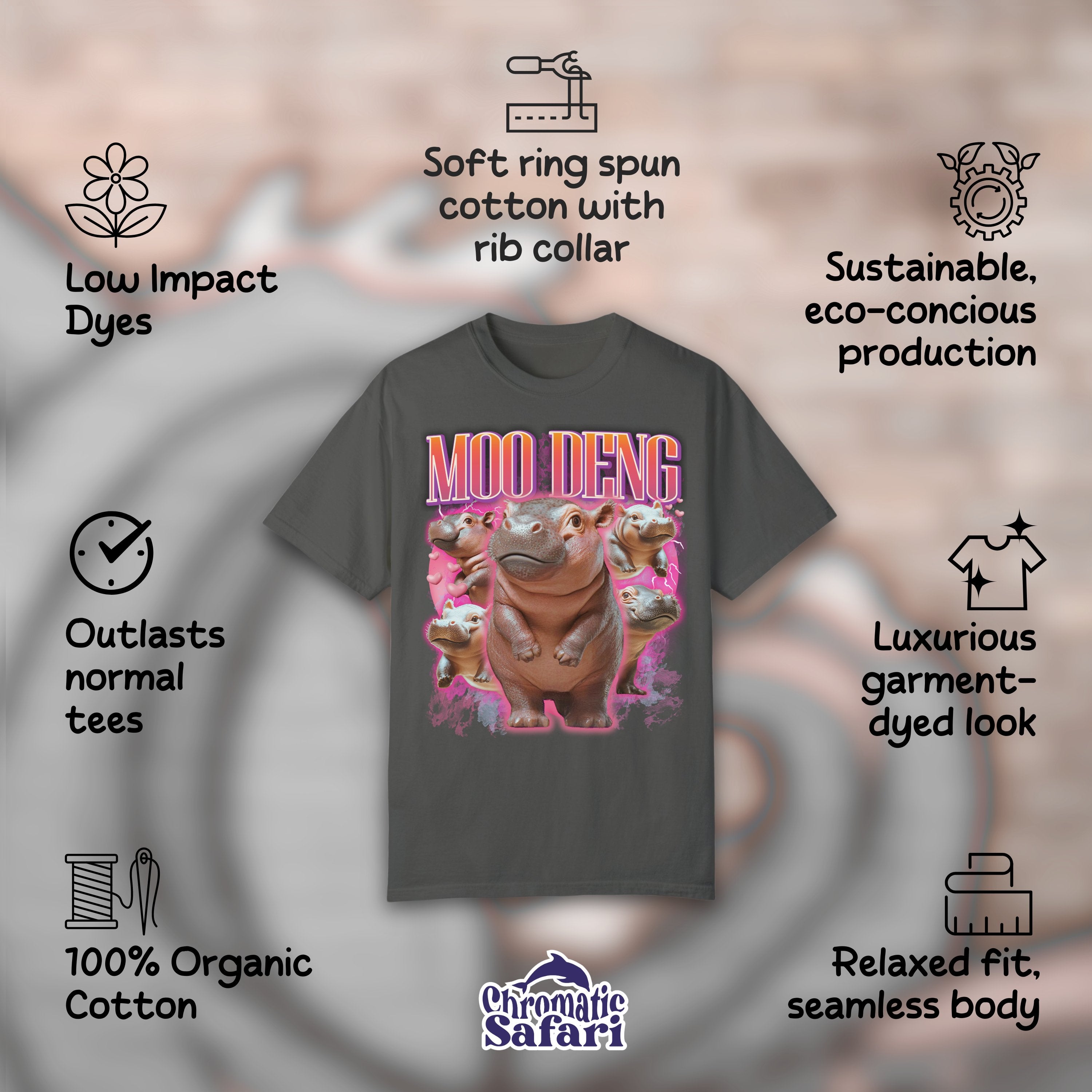 Vintage Graphic Bootleg Rap Tee Moo - Deng Hippopotamus, Marine Biology Fun Band Shirt, Baby Hippo Birthday Gift - T-Shirt - Chromatic Safari - Pepper - S