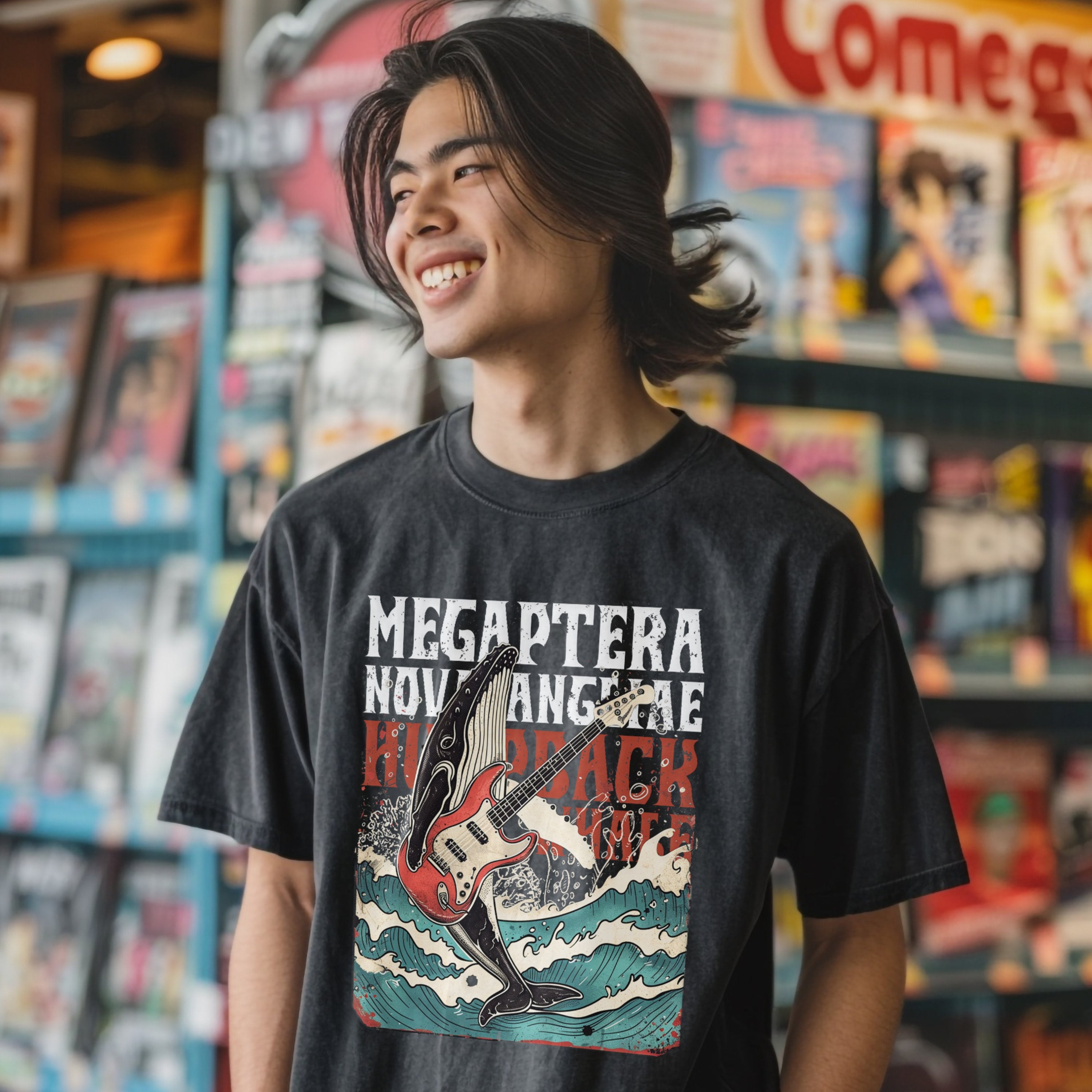 Vintage Guitar Humpback Whale Band Shirt, Marine Biology Fun Bootleg Shirt, Gift for Marine Biologist - T-Shirt - Chromatic Safari - Pepper - S