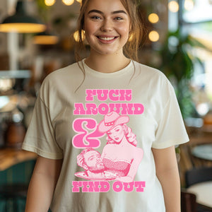 Vintage Retro Fuck Around & Find Out Shirt, Pin Up Cowgirl Shirt, Smash The Patriarchy, Feminist Womens Rights Awareness Tee, Gift for Activist - T-Shirt - Chromatic Safari - Ivory - S
