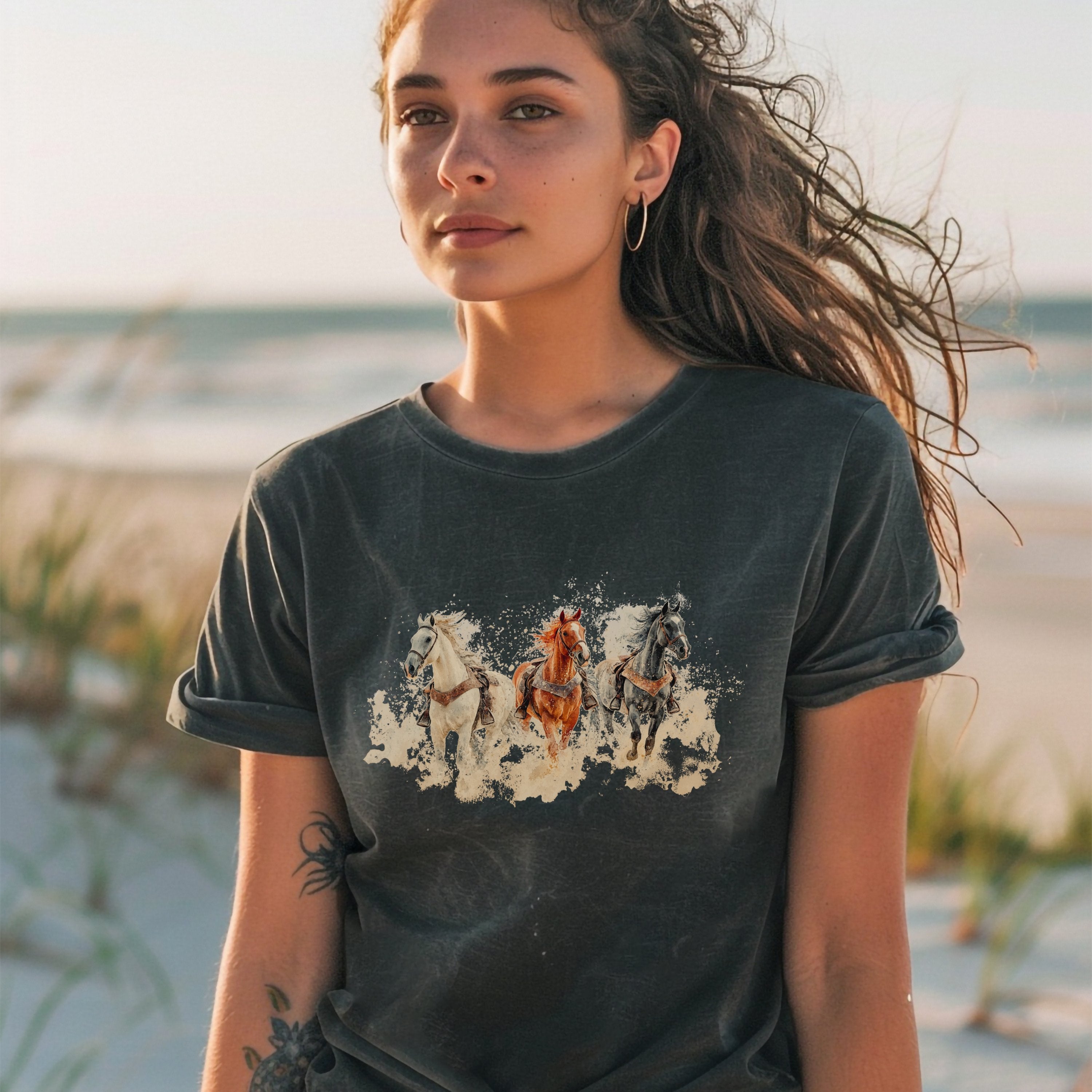 Vintage Three Horse Western Farm Shirt, Comfort Colors Farming Tshirt, Christmas Horse Girl Gift - T-Shirt - Chromatic Safari - Pepper - S