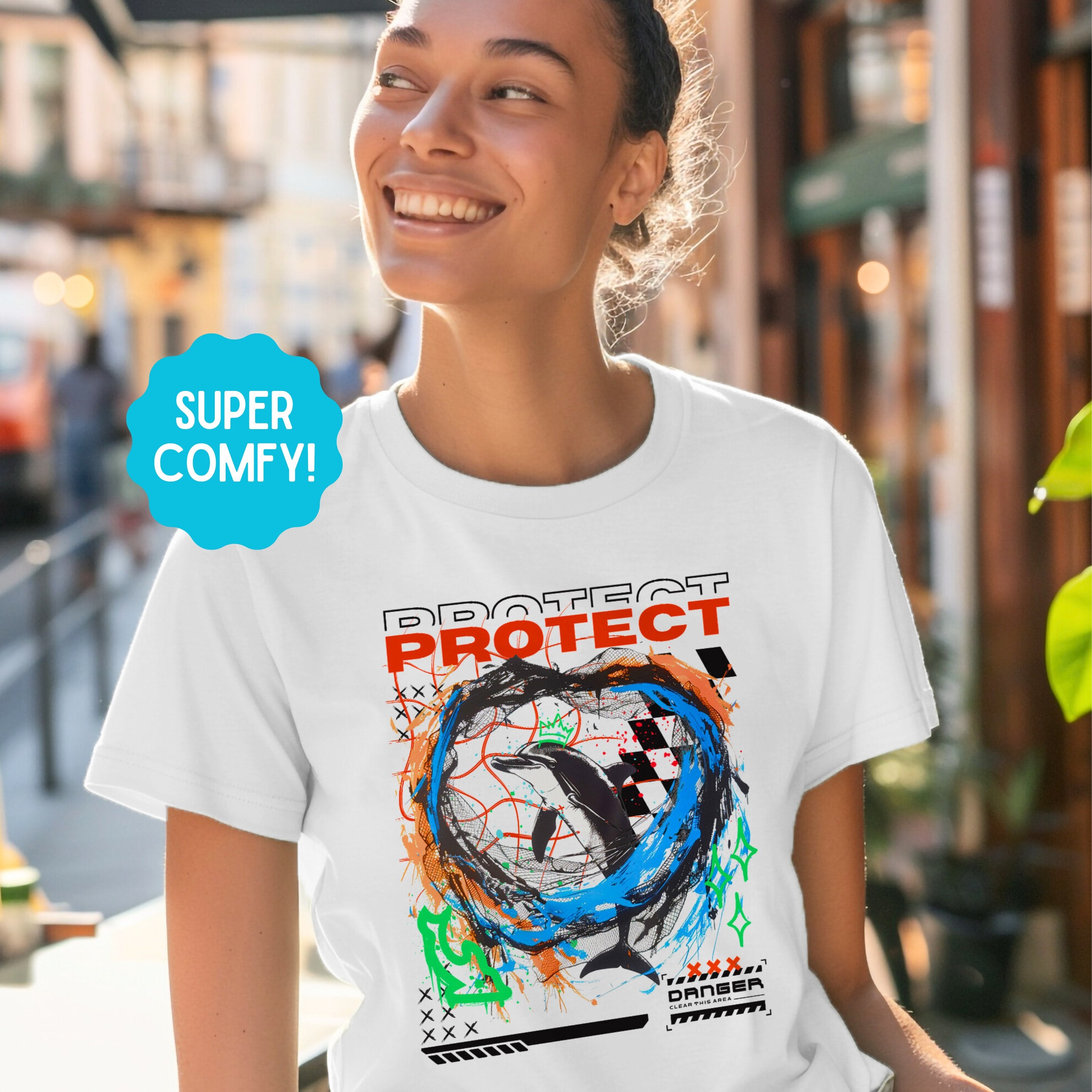Y2K Graphic Tee Protect Dolphin Shirt Ocean Conservation, Save The Ocean Marine Biology Gift Vintage Shirt, For Divers or Surfers - T - Shirt - Chromatic Safari - White - S