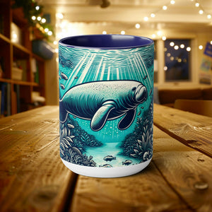 15 oz Manatee Woodcut Design Mug - Unique Handcrafted Style Ceramic Coffee Cup, Perfect Gift for Sea Mammal Lovers & Conservationists - Mug - Chromatic Safari - 15oz - Blue