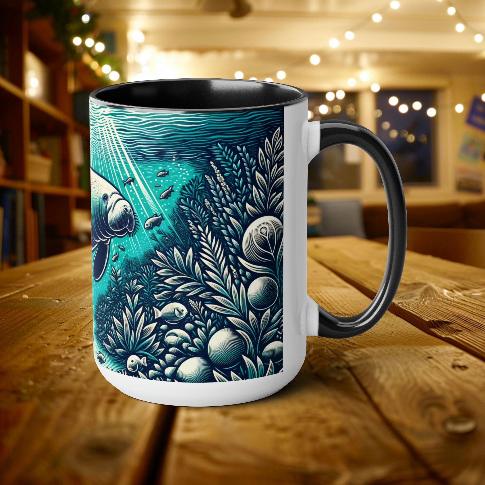 15 oz Manatee Woodcut Design Mug - Unique Handcrafted Style Ceramic Coffee Cup, Perfect Gift for Sea Mammal Lovers & Conservationists - Mug - Chromatic Safari - 15oz - Blue