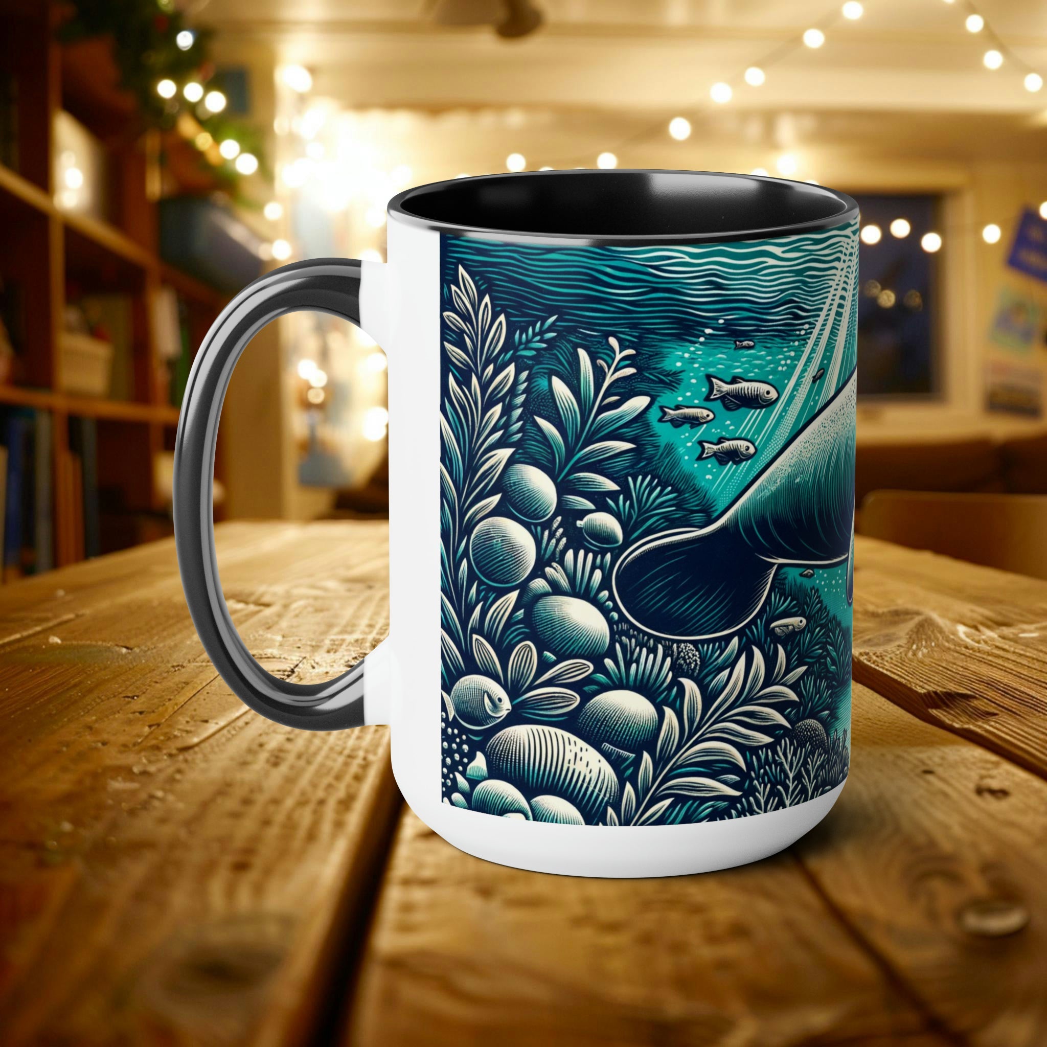 15 oz Manatee Woodcut Design Mug - Unique Handcrafted Style Ceramic Coffee Cup, Perfect Gift for Sea Mammal Lovers & Conservationists - Mug - Chromatic Safari - 15oz - Blue