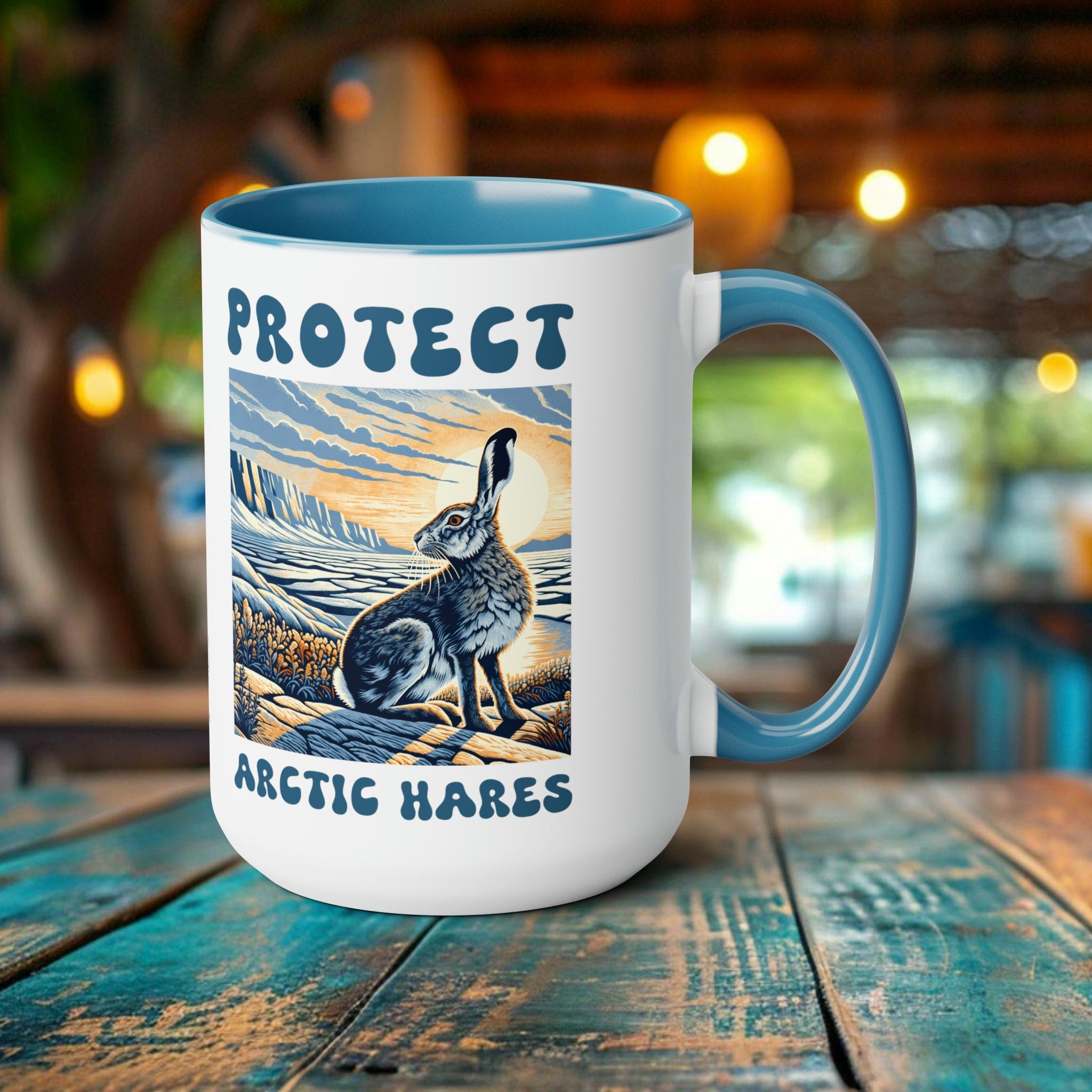 Arctic Hare Mug - Unique Woodcut Design Coffee Cup, Ocean Lover Gift, Marine Life Enthusiast - Chromatic Safari - Light Blue -