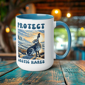 Arctic Hare Mug - Unique Woodcut Design Coffee Cup, Ocean Lover Gift, Marine Life Enthusiast - Chromatic Safari - Light Blue -