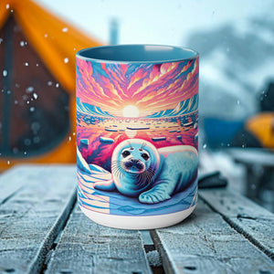 Artistic Baby Harp Seal Woodcut Mug | Ocean-Inspired Ceramic Cup | Ideal Gift for Seal Lovers | Eco-Friendly Marine Themed Drinkware - Chromatic Safari - Light Blue -