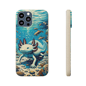 Axolotl Ally Eco-Friendly Biodegradable Phone Case | Artistic Woodcut Design | Sustainable Accessory for Nature Lovers - Chromatic Safari - iPhone 13 -