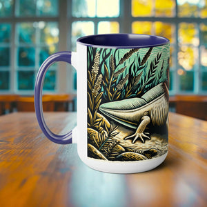 Axolotl Woodcut Illustration Mug - Cute Amphibian Design Coffee Cup - Unique Handcrafted Artistic Drinkware for Axolotl Lovers Gift Idea - Chromatic Safari - Blue -