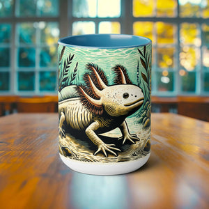 Axolotl Woodcut Illustration Mug - Cute Amphibian Design Coffee Cup - Unique Handcrafted Artistic Drinkware for Axolotl Lovers Gift Idea - Chromatic Safari - Blue -