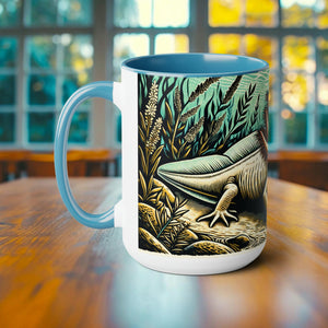 Axolotl Woodcut Illustration Mug - Cute Amphibian Design Coffee Cup - Unique Handcrafted Artistic Drinkware for Axolotl Lovers Gift Idea - Chromatic Safari - Blue -