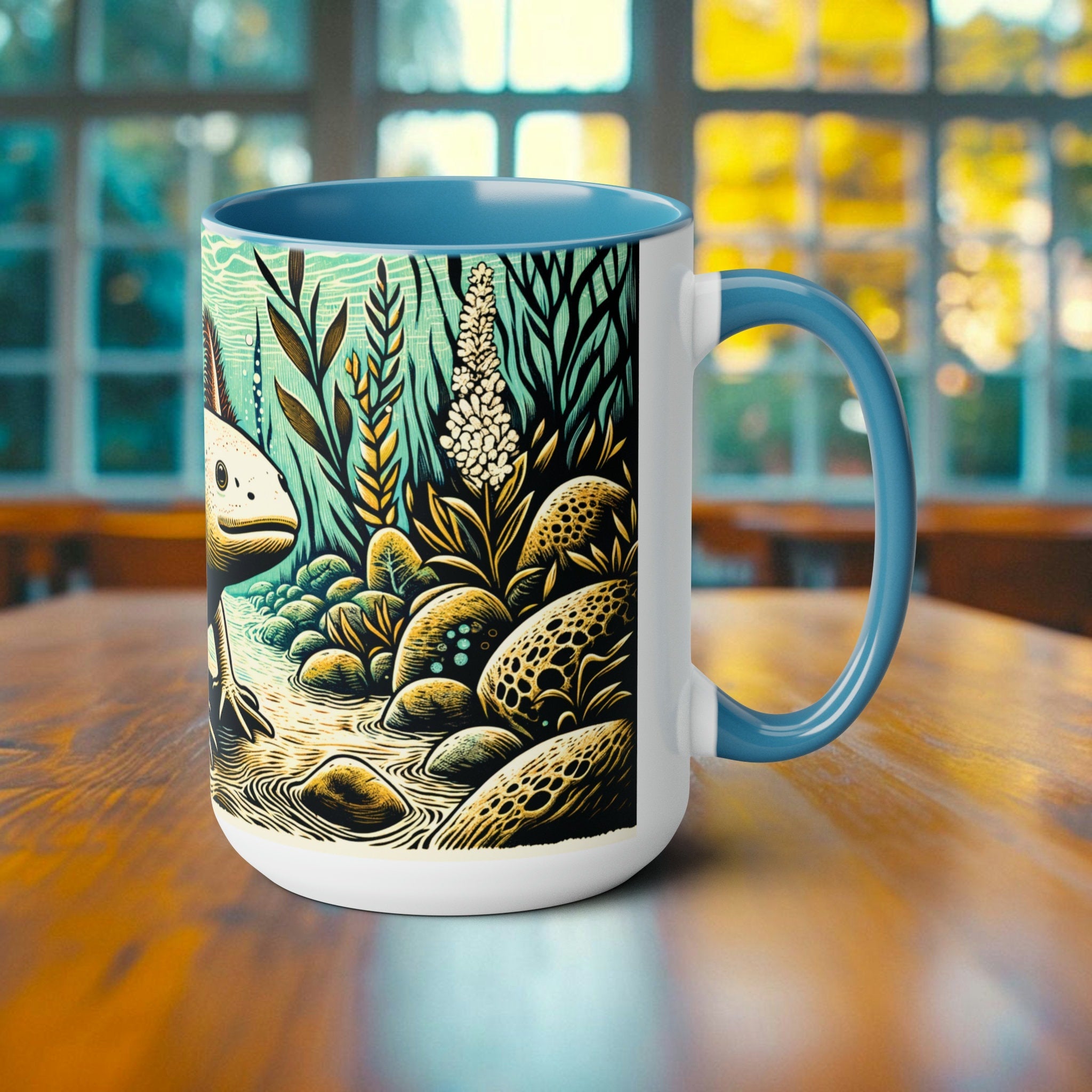 Axolotl Woodcut Illustration Mug - Cute Amphibian Design Coffee Cup - Unique Handcrafted Artistic Drinkware for Axolotl Lovers Gift Idea - Chromatic Safari - Blue -