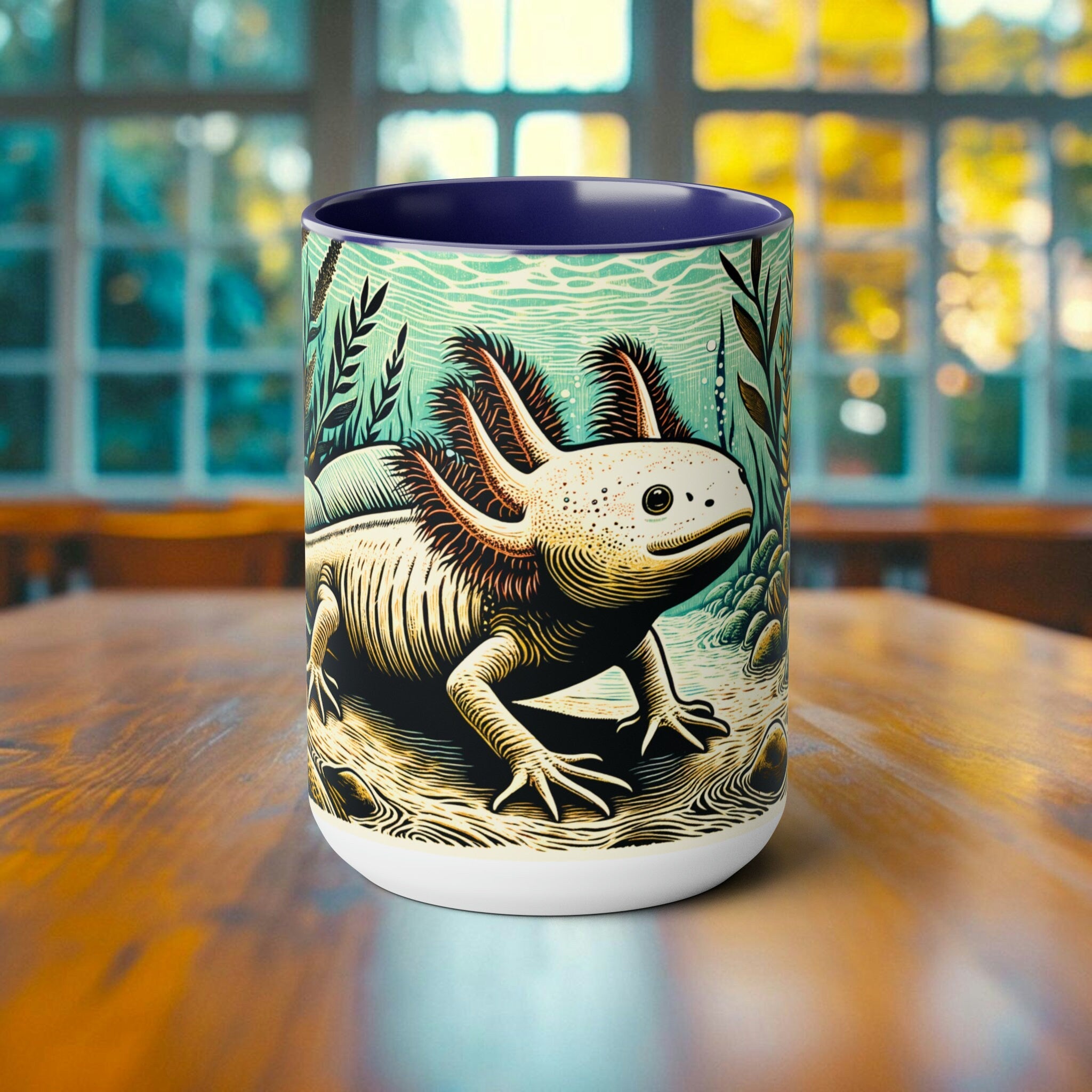 Axolotl Woodcut Illustration Mug - Cute Amphibian Design Coffee Cup - Unique Handcrafted Artistic Drinkware for Axolotl Lovers Gift Idea - Chromatic Safari - Blue -