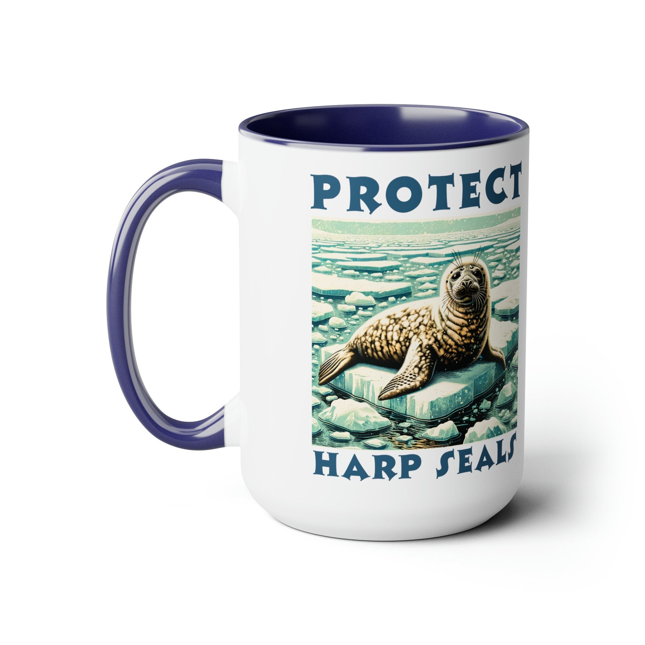 Baby Harp Seal Mug - Charming Woodcut Design Ceramic Coffee Cup - Unique Seal Lover Gift - Artisan Wildlife Drinkware - Rustic Kitchen Decor - Chromatic Safari - Blue -