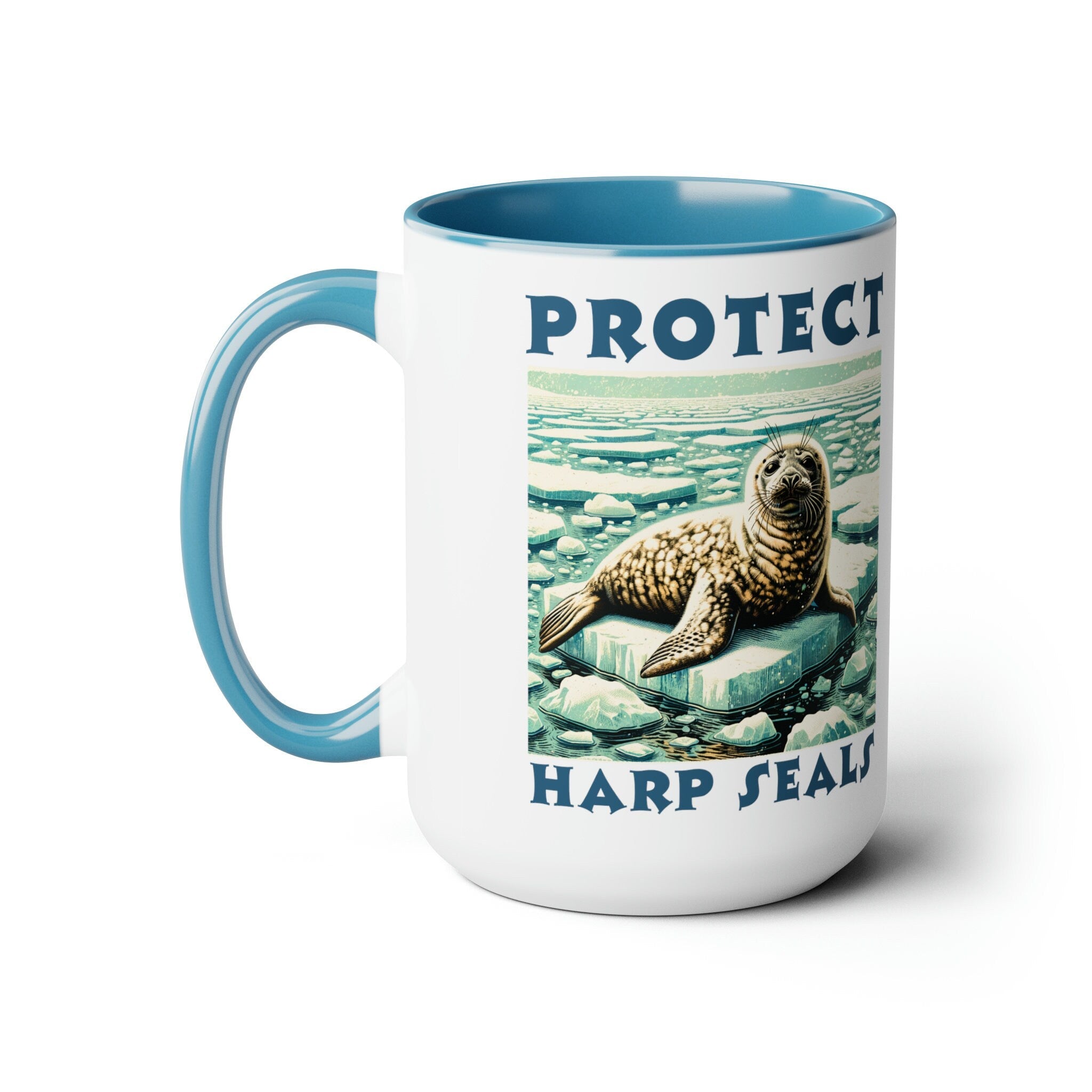 Baby Harp Seal Mug - Charming Woodcut Design Ceramic Coffee Cup - Unique Seal Lover Gift - Artisan Wildlife Drinkware - Rustic Kitchen Decor - Chromatic Safari - Blue -