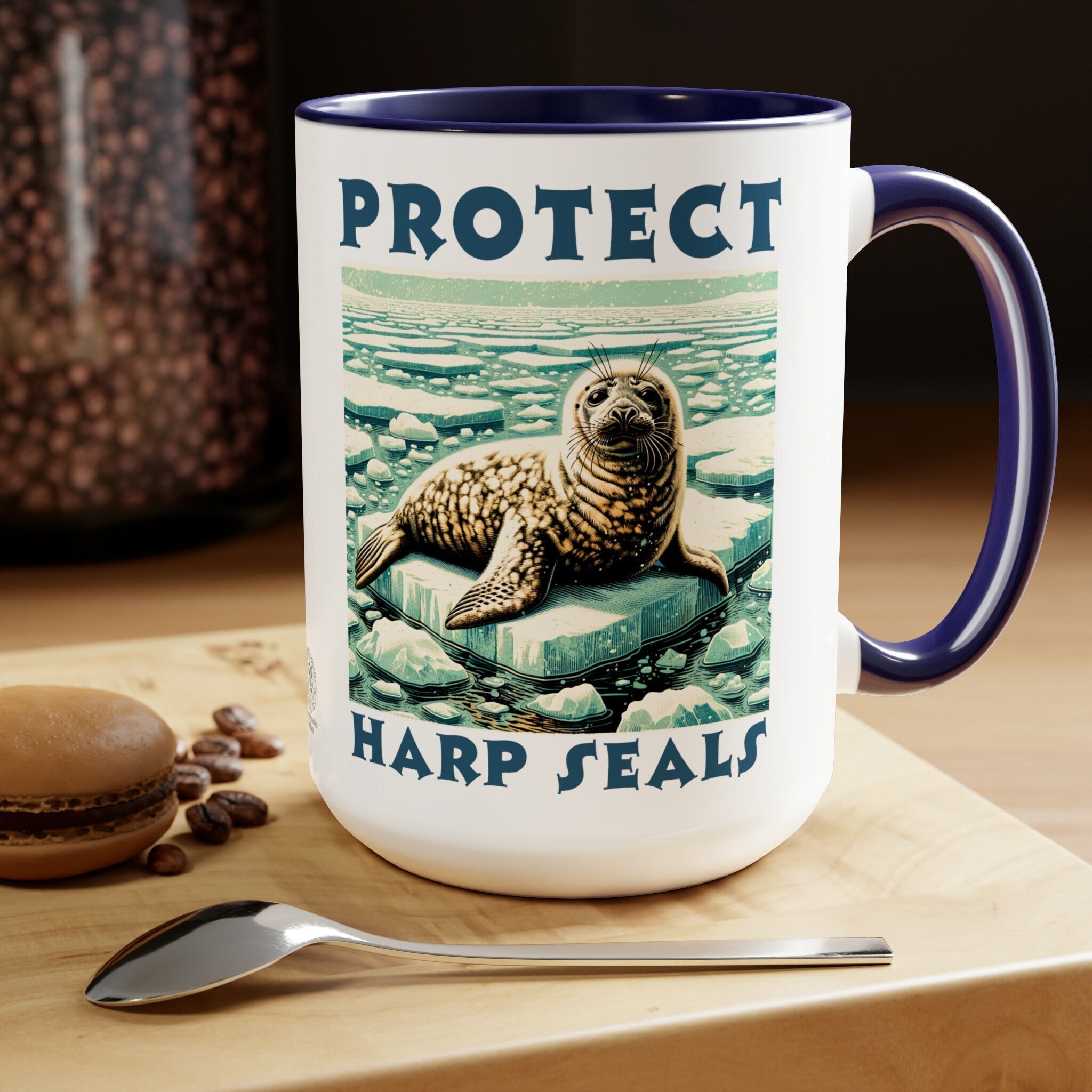 Baby Harp Seal Mug - Charming Woodcut Design Ceramic Coffee Cup - Unique Seal Lover Gift - Artisan Wildlife Drinkware - Rustic Kitchen Decor - Chromatic Safari - Blue -