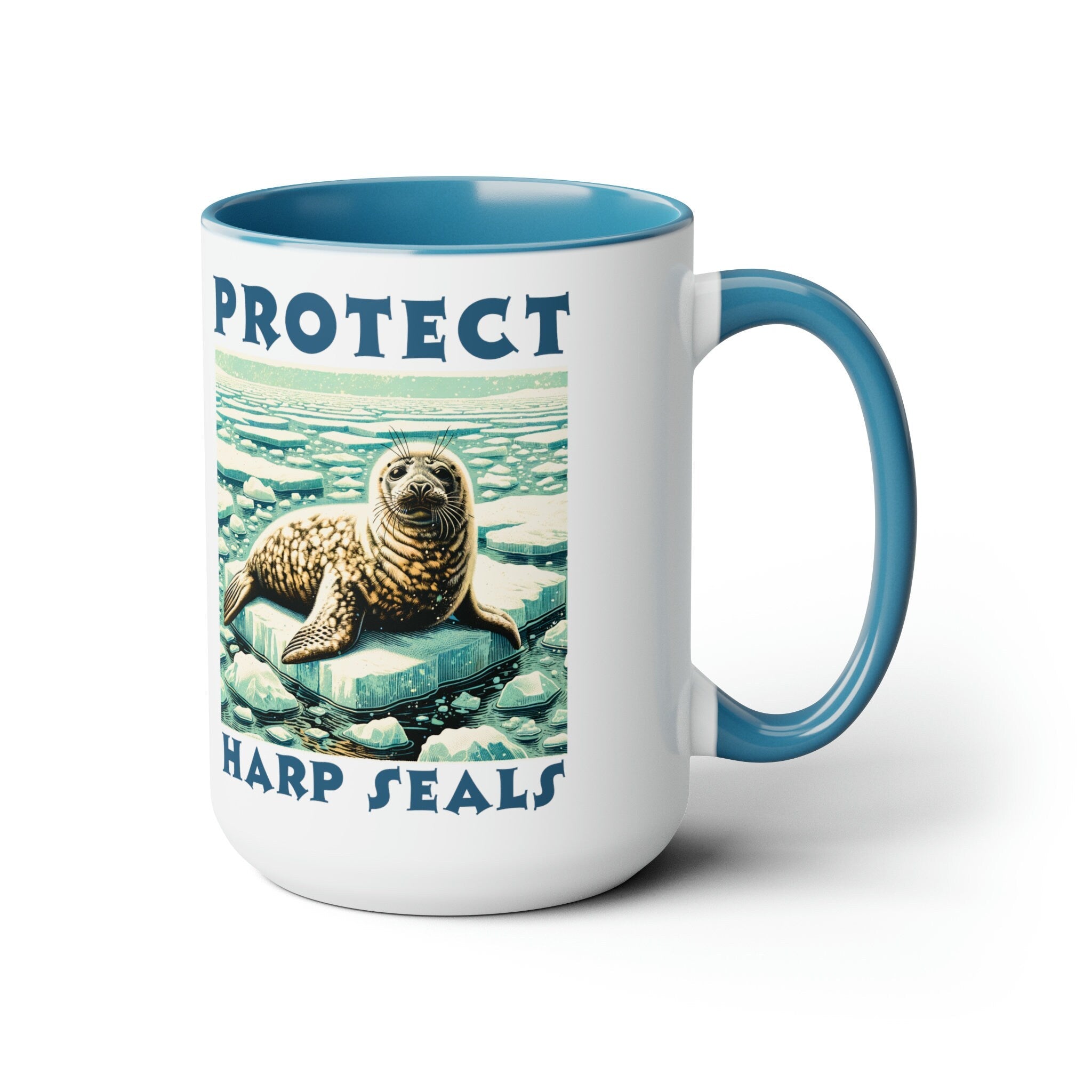 Baby Harp Seal Mug - Charming Woodcut Design Ceramic Coffee Cup - Unique Seal Lover Gift - Artisan Wildlife Drinkware - Rustic Kitchen Decor - Chromatic Safari - Blue -