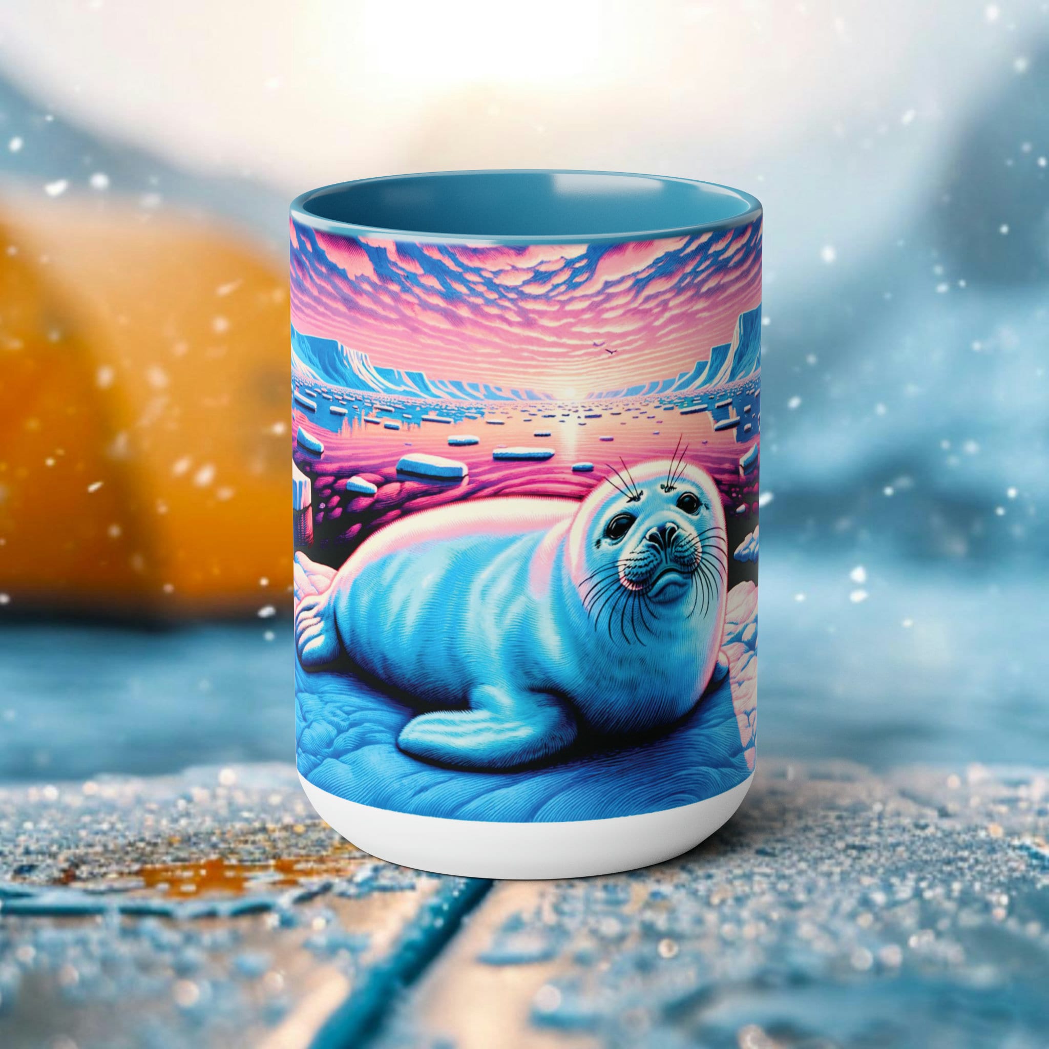 Baby Harp Seal Woodcut Mug | Arctic Wildlife Ceramic Cup | 15oz White Coffee Mug for Seal Enthusiasts | Eco Ocean Conservation Gift - Chromatic Safari - Blue -